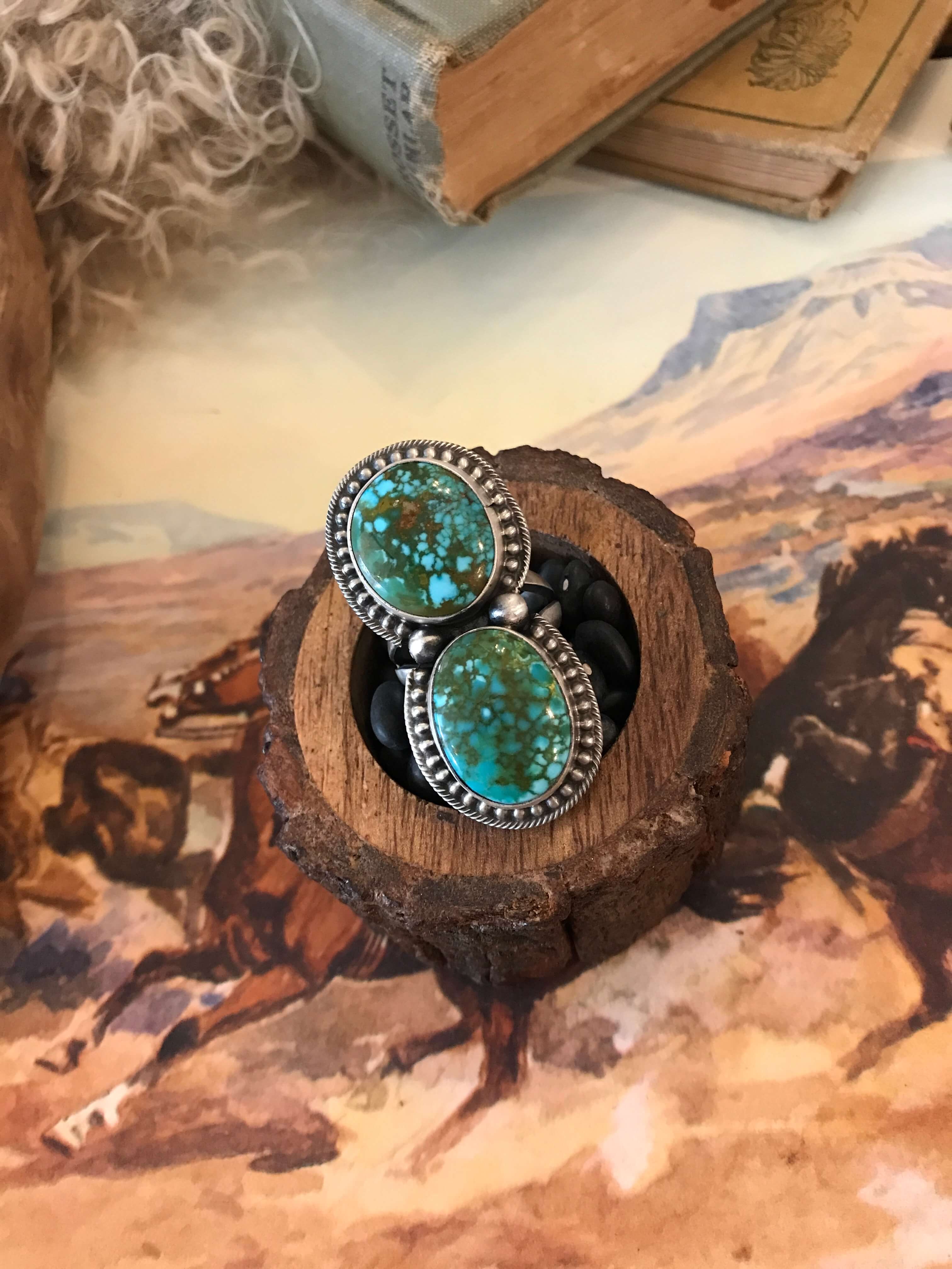 The Wallace Double Stone Turquoise Ring 61, Sz 8.5-Rings-Calli Co., Turquoise and Silver Jewelry, Native American Handmade, Zuni Tribe, Navajo Tribe, Brock Texas