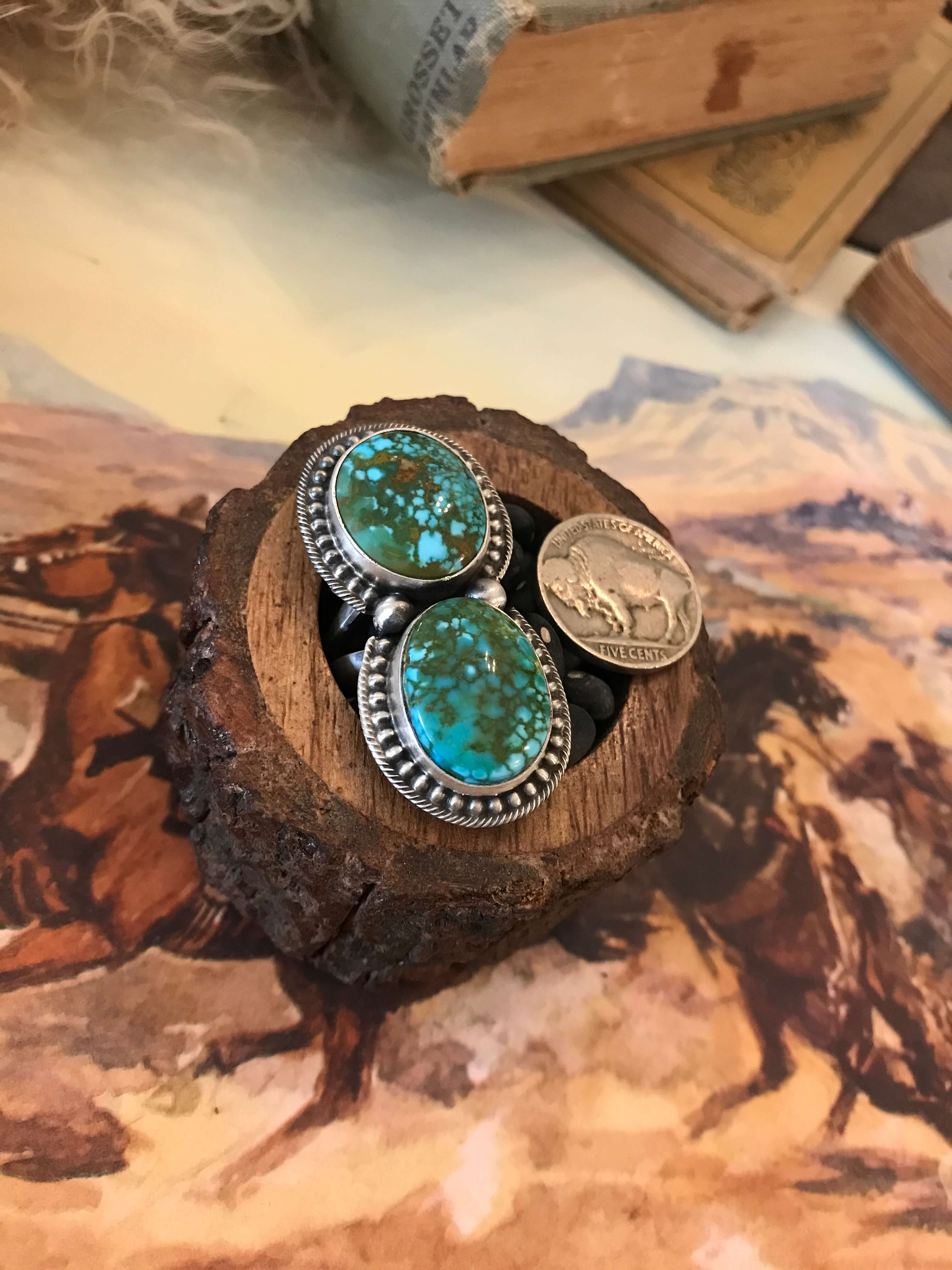 The Wallace Double Stone Turquoise Ring 61, Sz 8.5-Rings-Calli Co., Turquoise and Silver Jewelry, Native American Handmade, Zuni Tribe, Navajo Tribe, Brock Texas