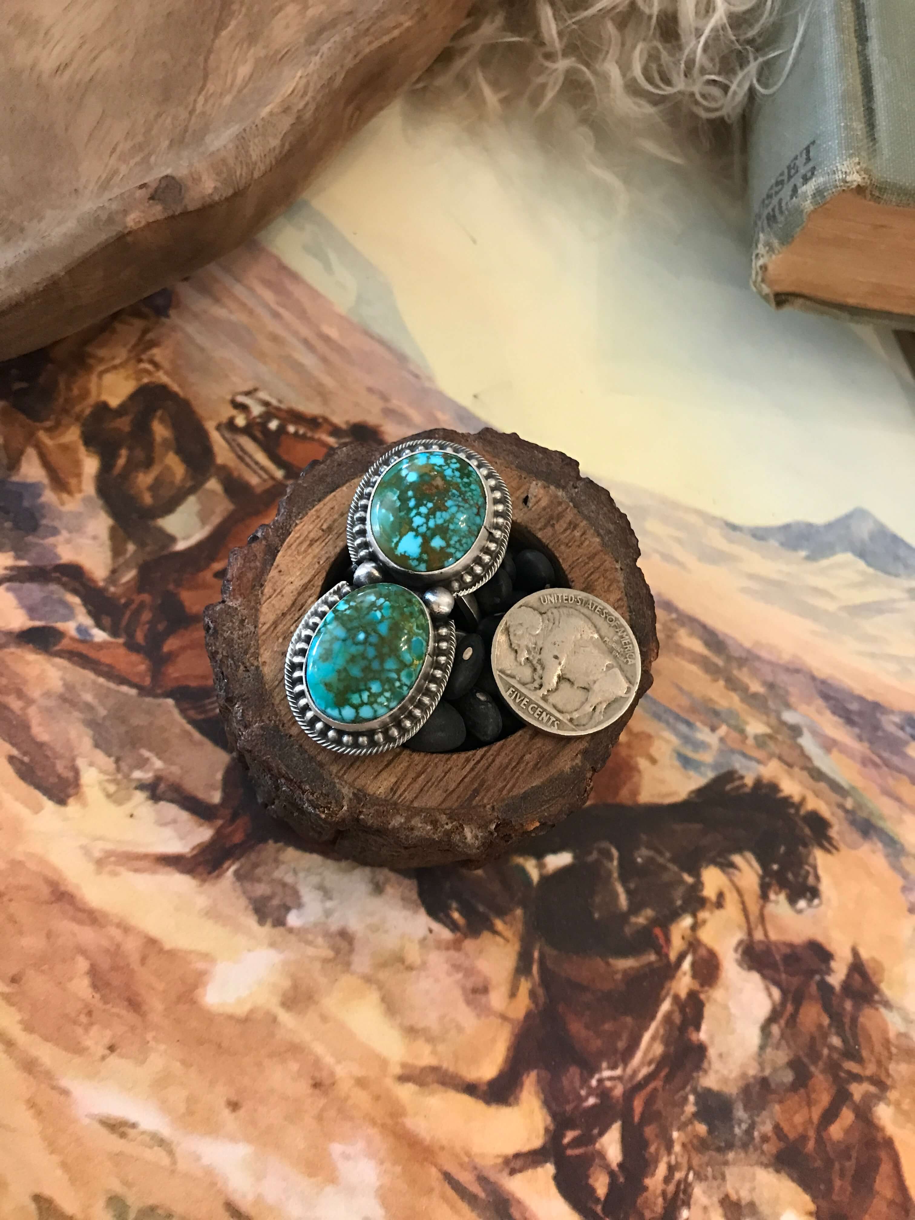 The Wallace Double Stone Turquoise Ring 61, Sz 8.5-Rings-Calli Co., Turquoise and Silver Jewelry, Native American Handmade, Zuni Tribe, Navajo Tribe, Brock Texas