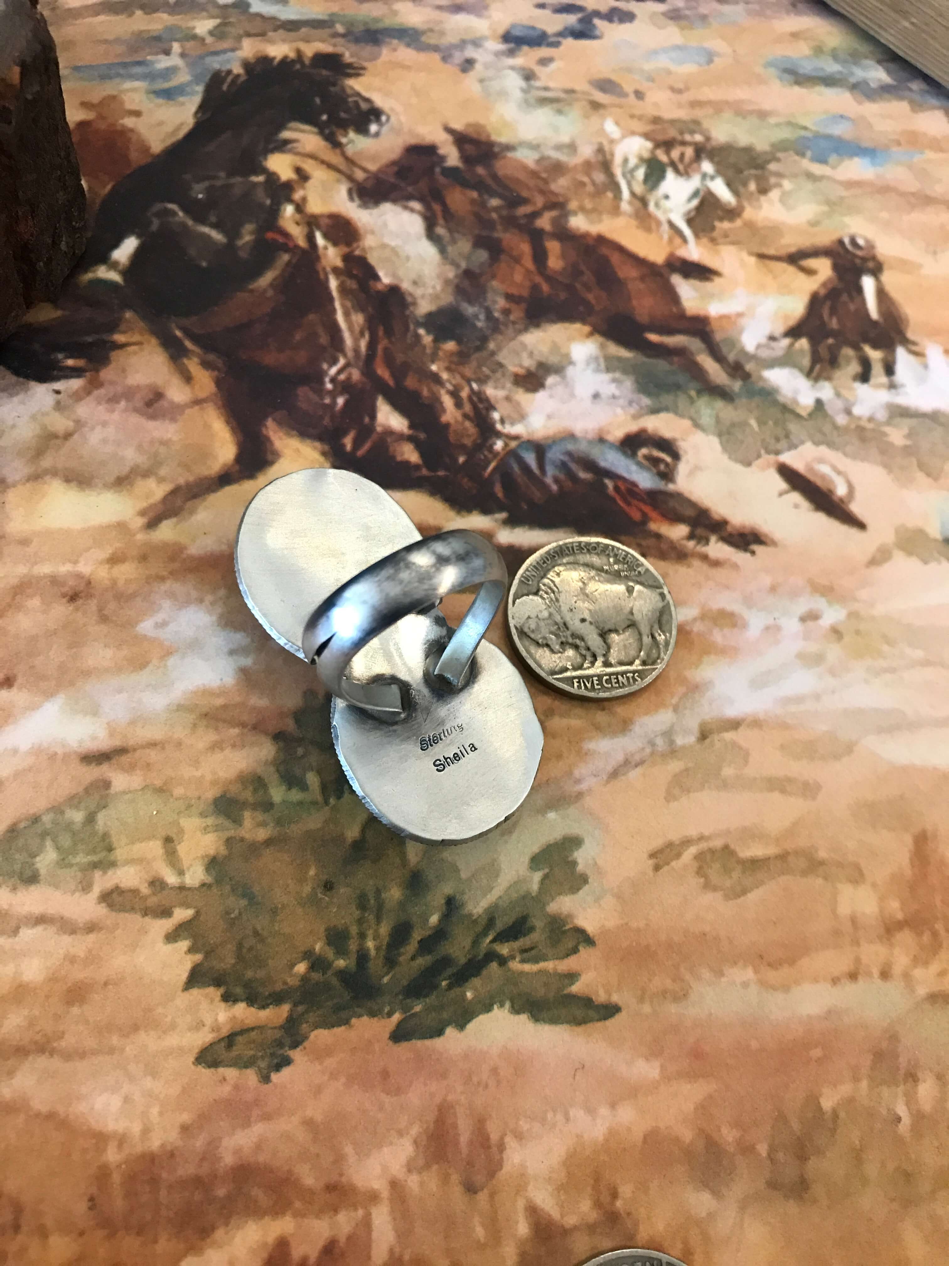 The Wallace Double Stone Turquoise Ring 61, Sz 8.5-Rings-Calli Co., Turquoise and Silver Jewelry, Native American Handmade, Zuni Tribe, Navajo Tribe, Brock Texas