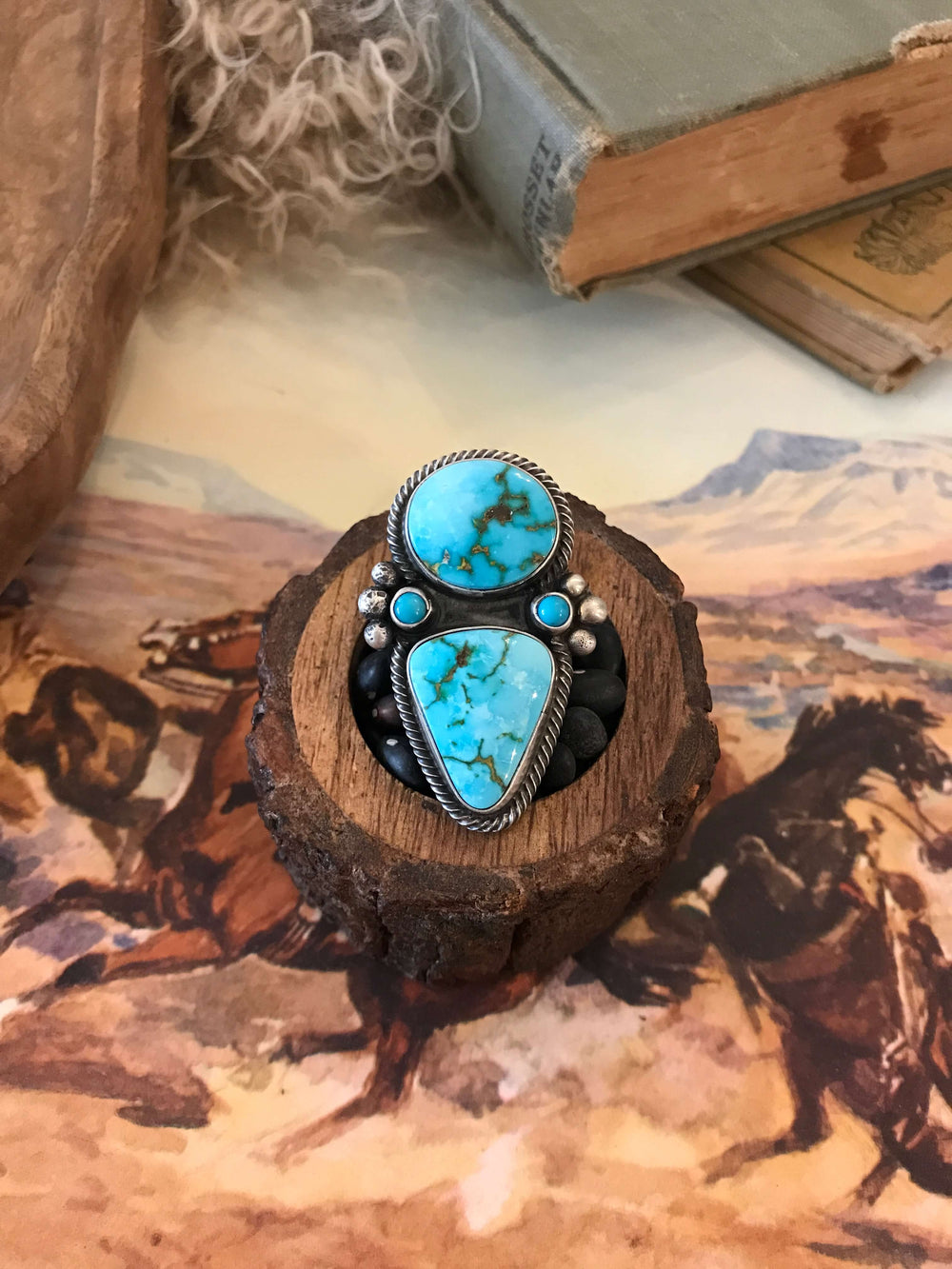 The Wallace Double Stone Ring 5, Sz 9.5-Rings-Calli Co., Turquoise and Silver Jewelry, Native American Handmade, Zuni Tribe, Navajo Tribe, Brock Texas