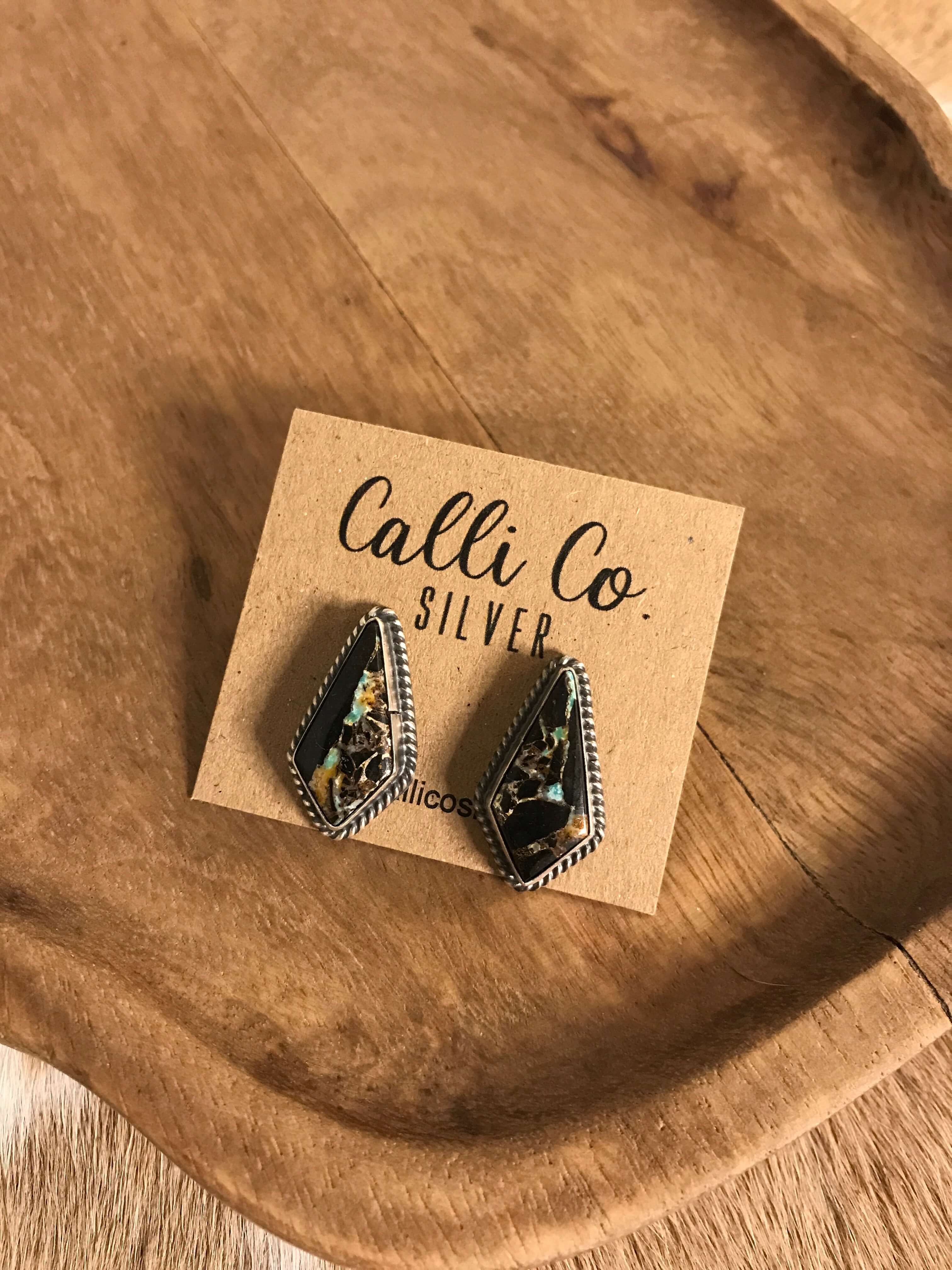 The Black Jack Studs, 6-Earrings-Calli Co., Turquoise and Silver Jewelry, Native American Handmade, Zuni Tribe, Navajo Tribe, Brock Texas