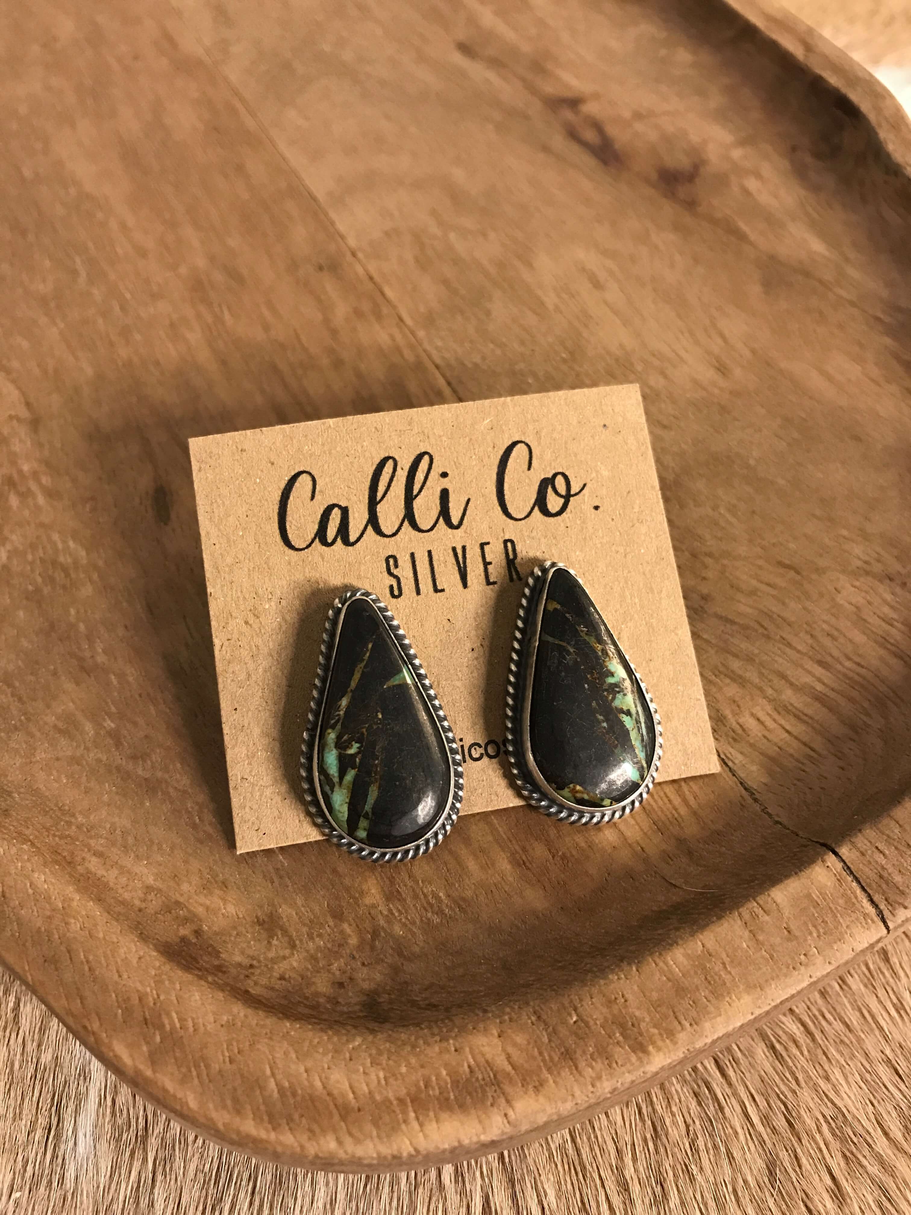 The Black Jack Studs, 12-Earrings-Calli Co., Turquoise and Silver Jewelry, Native American Handmade, Zuni Tribe, Navajo Tribe, Brock Texas