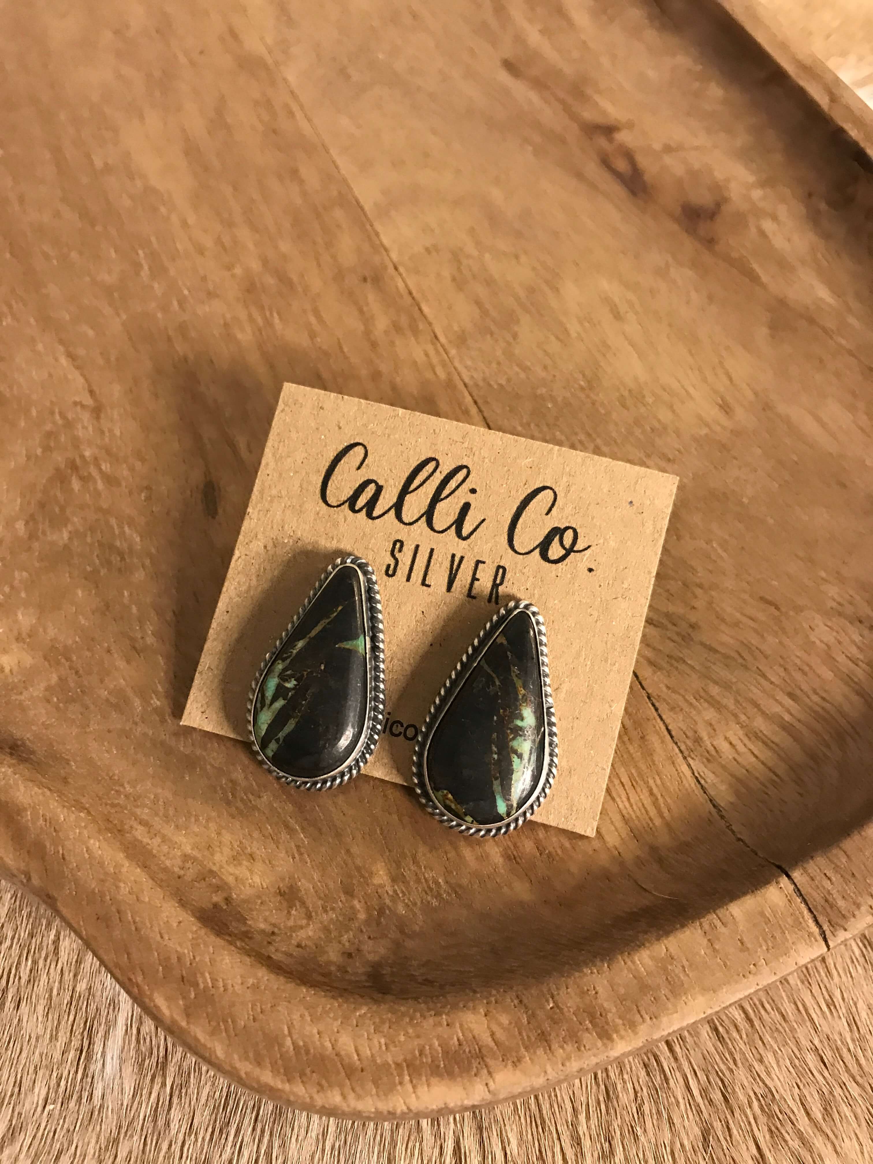 The Black Jack Studs, 12-Earrings-Calli Co., Turquoise and Silver Jewelry, Native American Handmade, Zuni Tribe, Navajo Tribe, Brock Texas