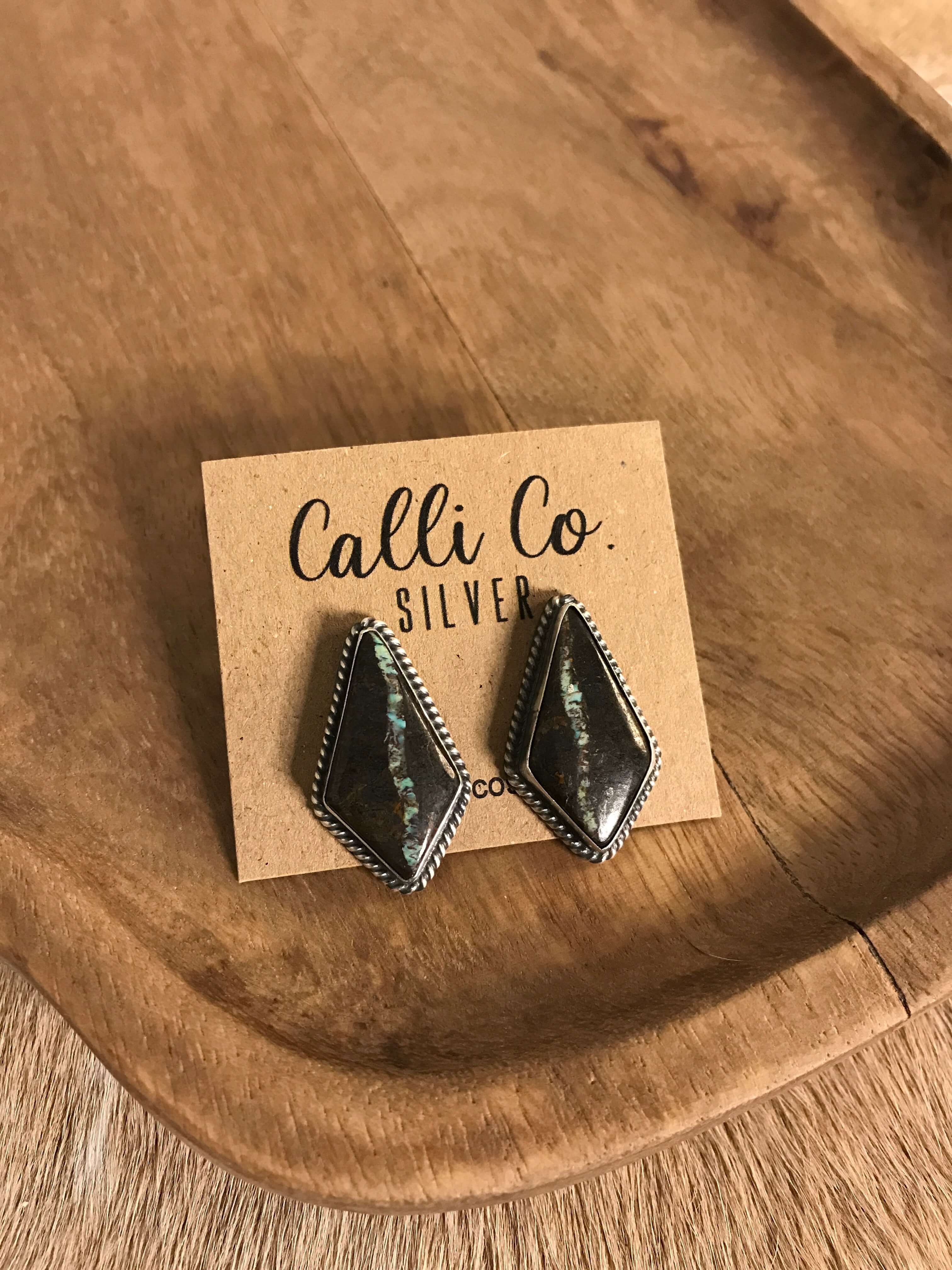 The Black Jack Studs, 13-Earrings-Calli Co., Turquoise and Silver Jewelry, Native American Handmade, Zuni Tribe, Navajo Tribe, Brock Texas