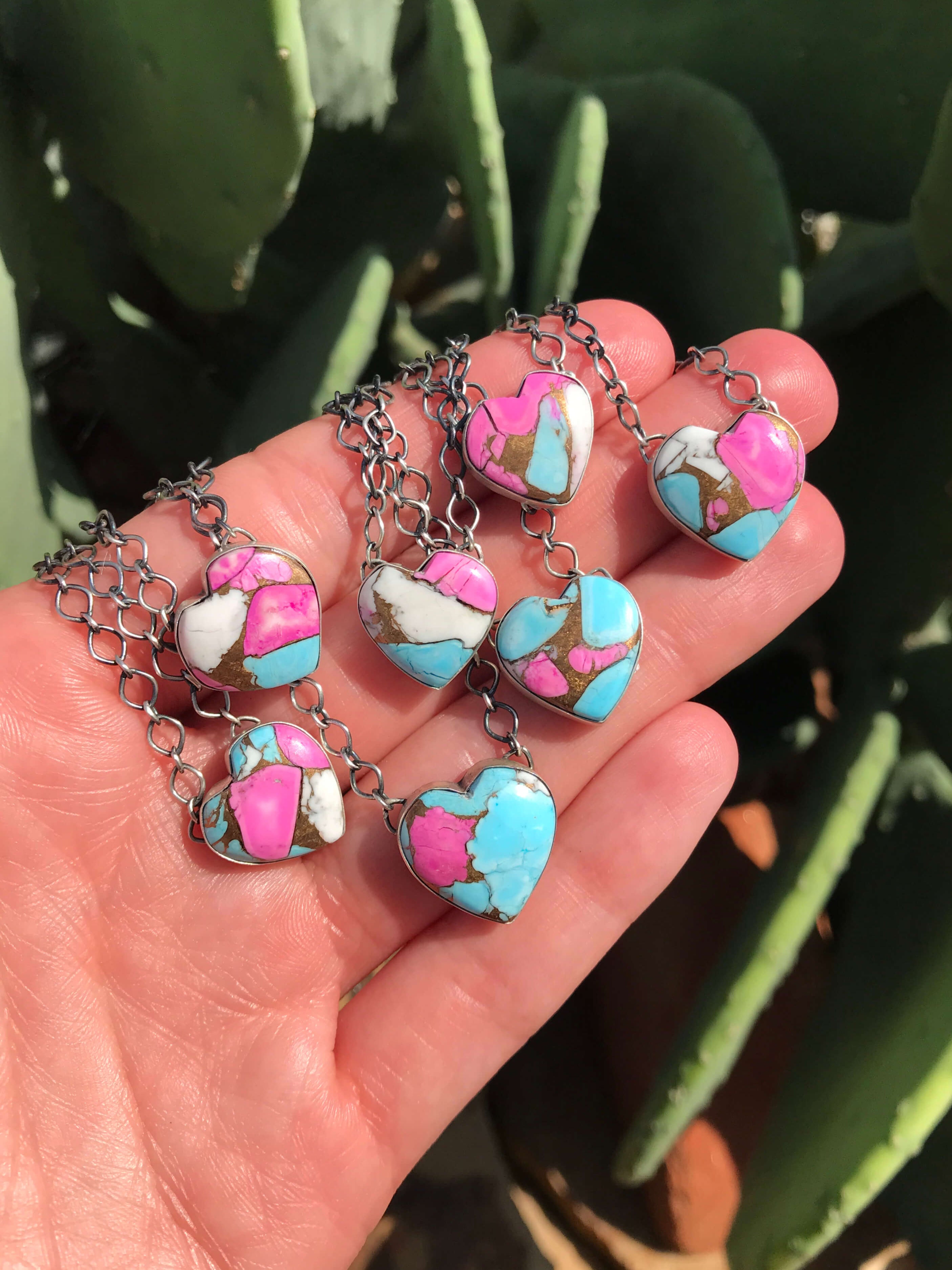 The Cotton Candy Heart Necklaces-Necklaces-Calli Co., Turquoise and Silver Jewelry, Native American Handmade, Zuni Tribe, Navajo Tribe, Brock Texas