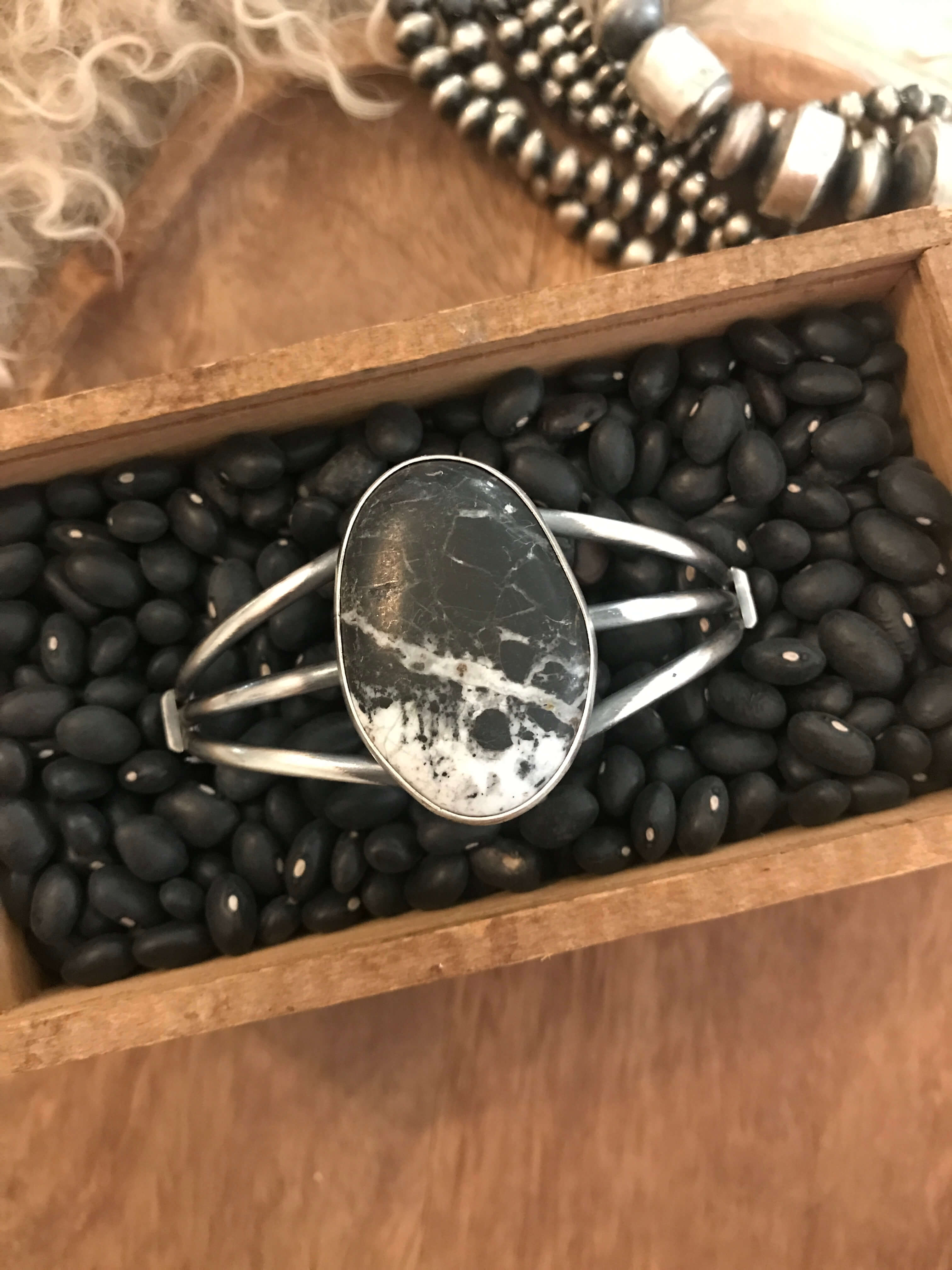 The Amado White Buffalo Cuff, 1-Bracelets & Cuffs-Calli Co., Turquoise and Silver Jewelry, Native American Handmade, Zuni Tribe, Navajo Tribe, Brock Texas