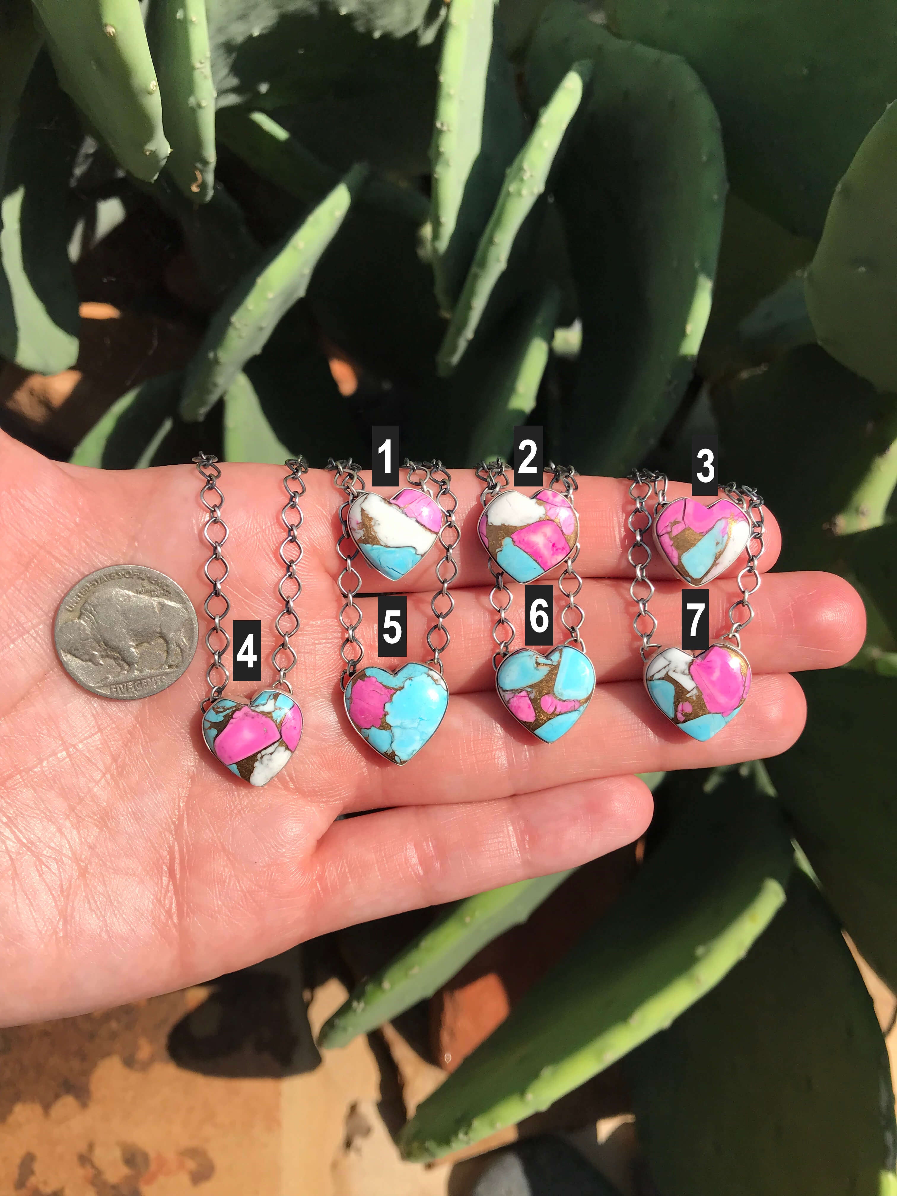 The Cotton Candy Heart Necklaces-Necklaces-Calli Co., Turquoise and Silver Jewelry, Native American Handmade, Zuni Tribe, Navajo Tribe, Brock Texas