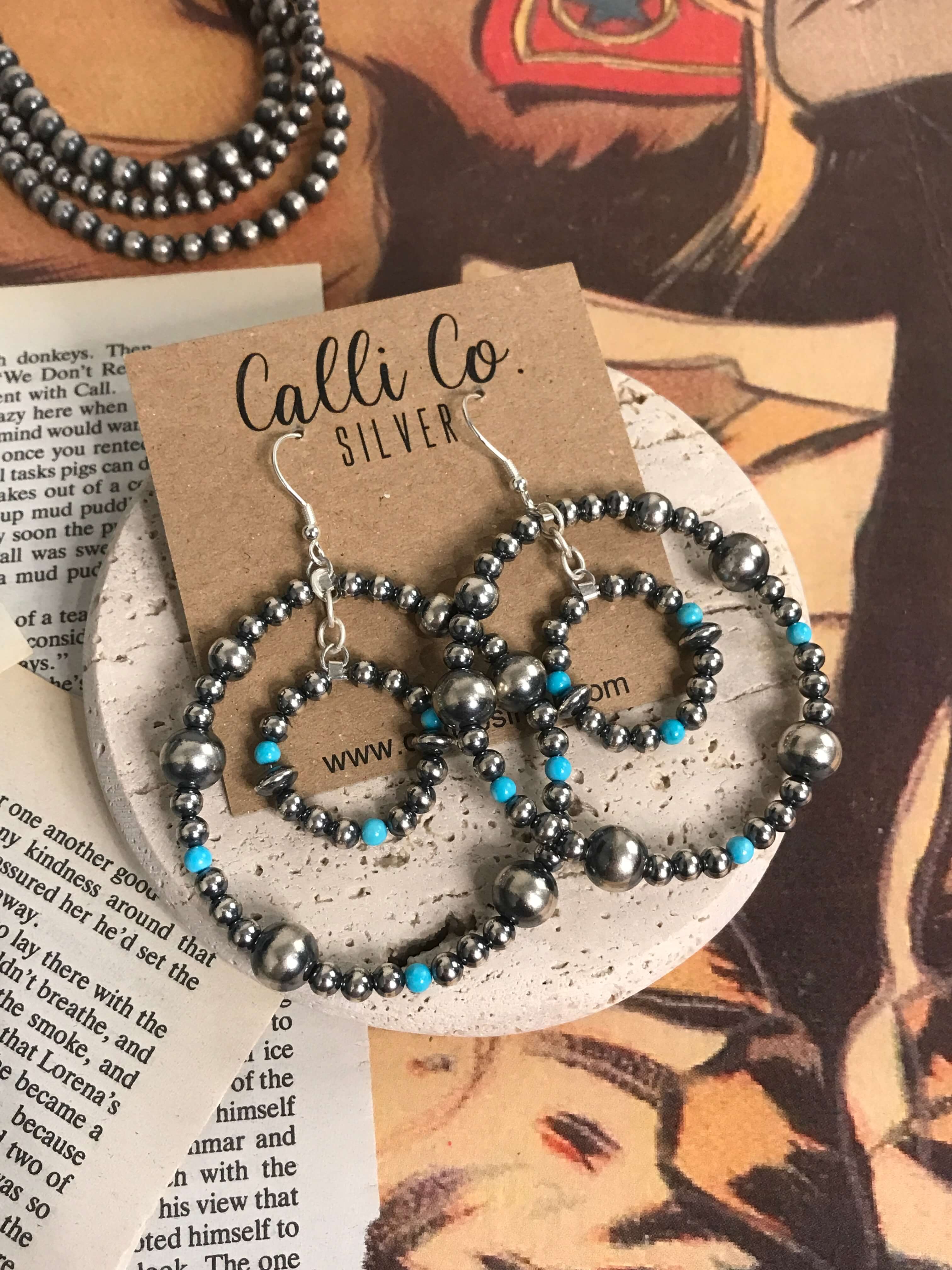 The Montezuma Hoop Earrings-Earrings-Calli Co., Turquoise and Silver Jewelry, Native American Handmade, Zuni Tribe, Navajo Tribe, Brock Texas