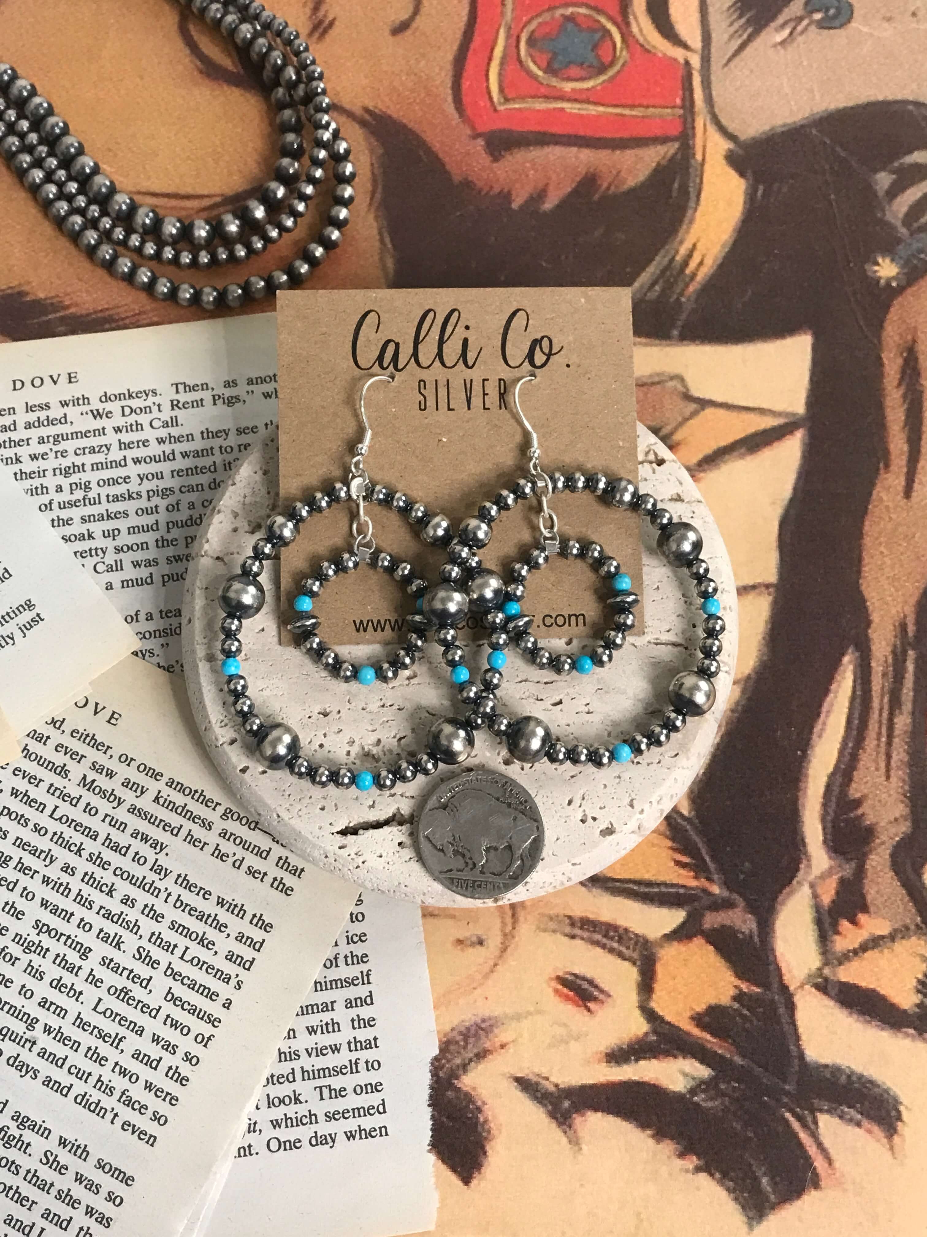 The Montezuma Hoop Earrings-Earrings-Calli Co., Turquoise and Silver Jewelry, Native American Handmade, Zuni Tribe, Navajo Tribe, Brock Texas