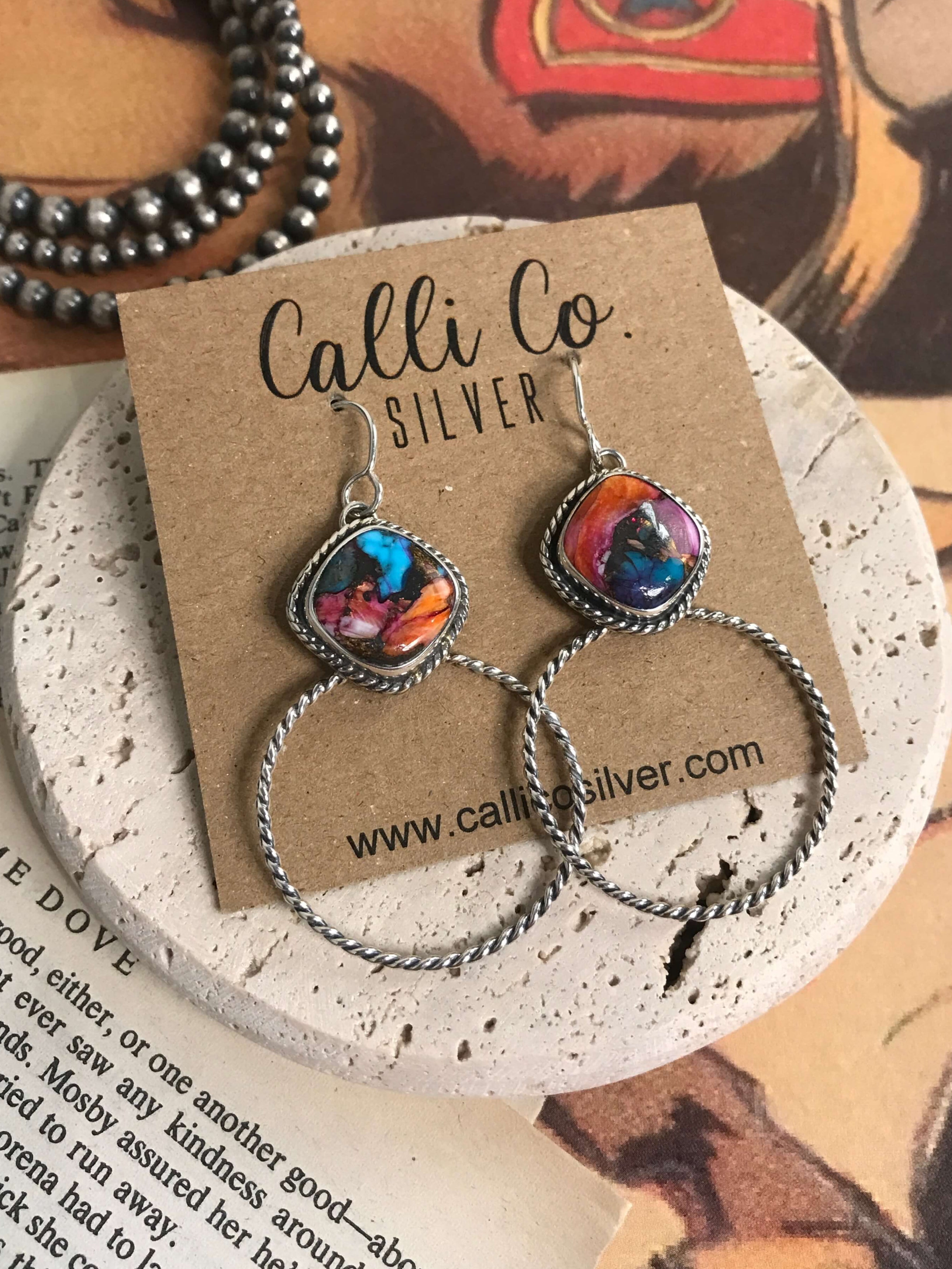 The Keystone Hoop Earrings, 67-Earrings-Calli Co., Turquoise and Silver Jewelry, Native American Handmade, Zuni Tribe, Navajo Tribe, Brock Texas