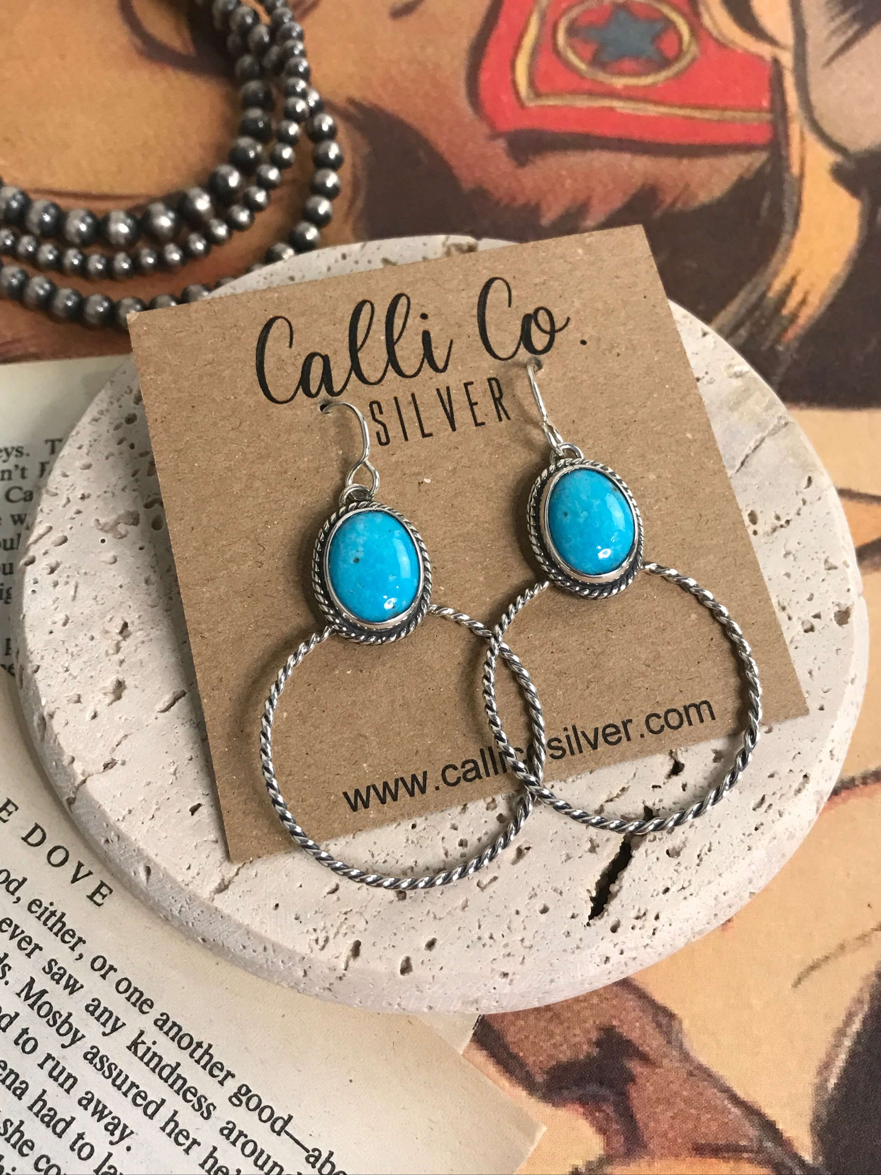 The Keystone Hoop Earrings, 72-Earrings-Calli Co., Turquoise and Silver Jewelry, Native American Handmade, Zuni Tribe, Navajo Tribe, Brock Texas