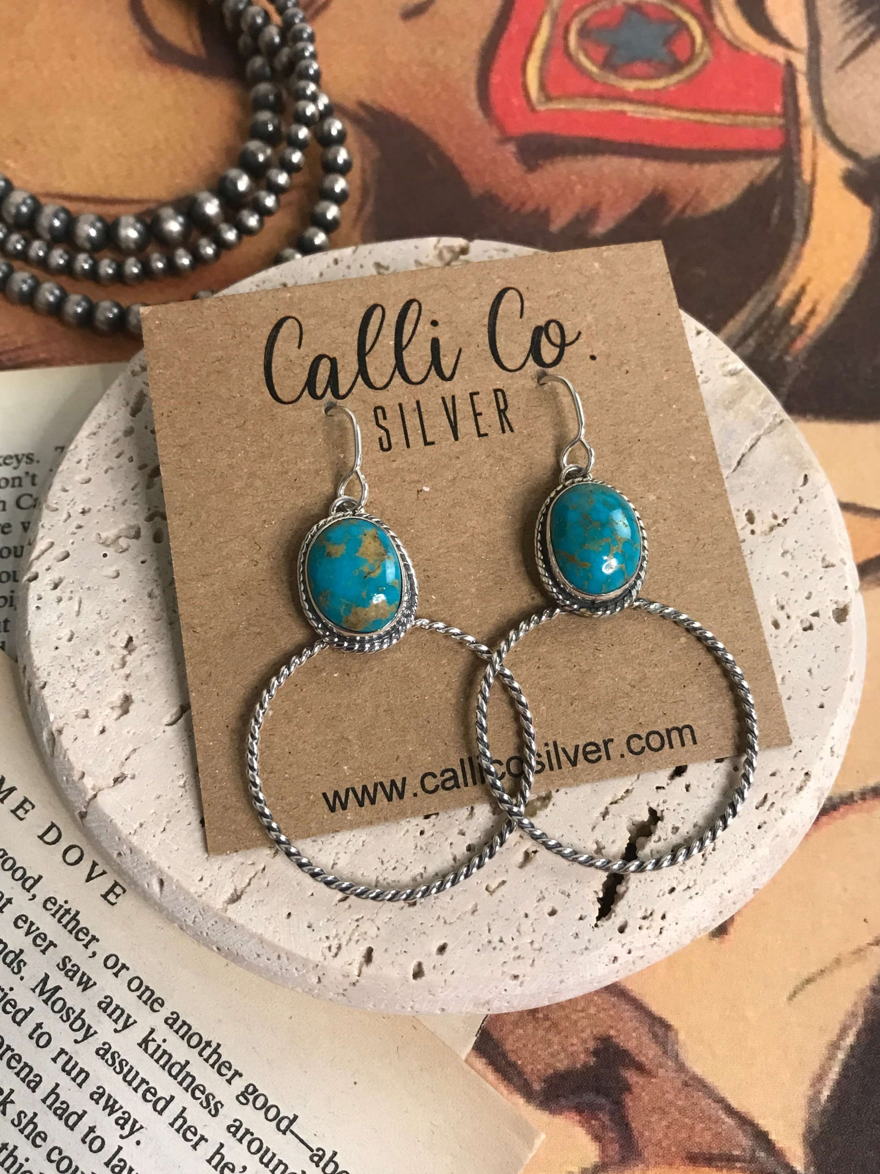 The Keystone Hoop Earrings, 75-Earrings-Calli Co., Turquoise and Silver Jewelry, Native American Handmade, Zuni Tribe, Navajo Tribe, Brock Texas