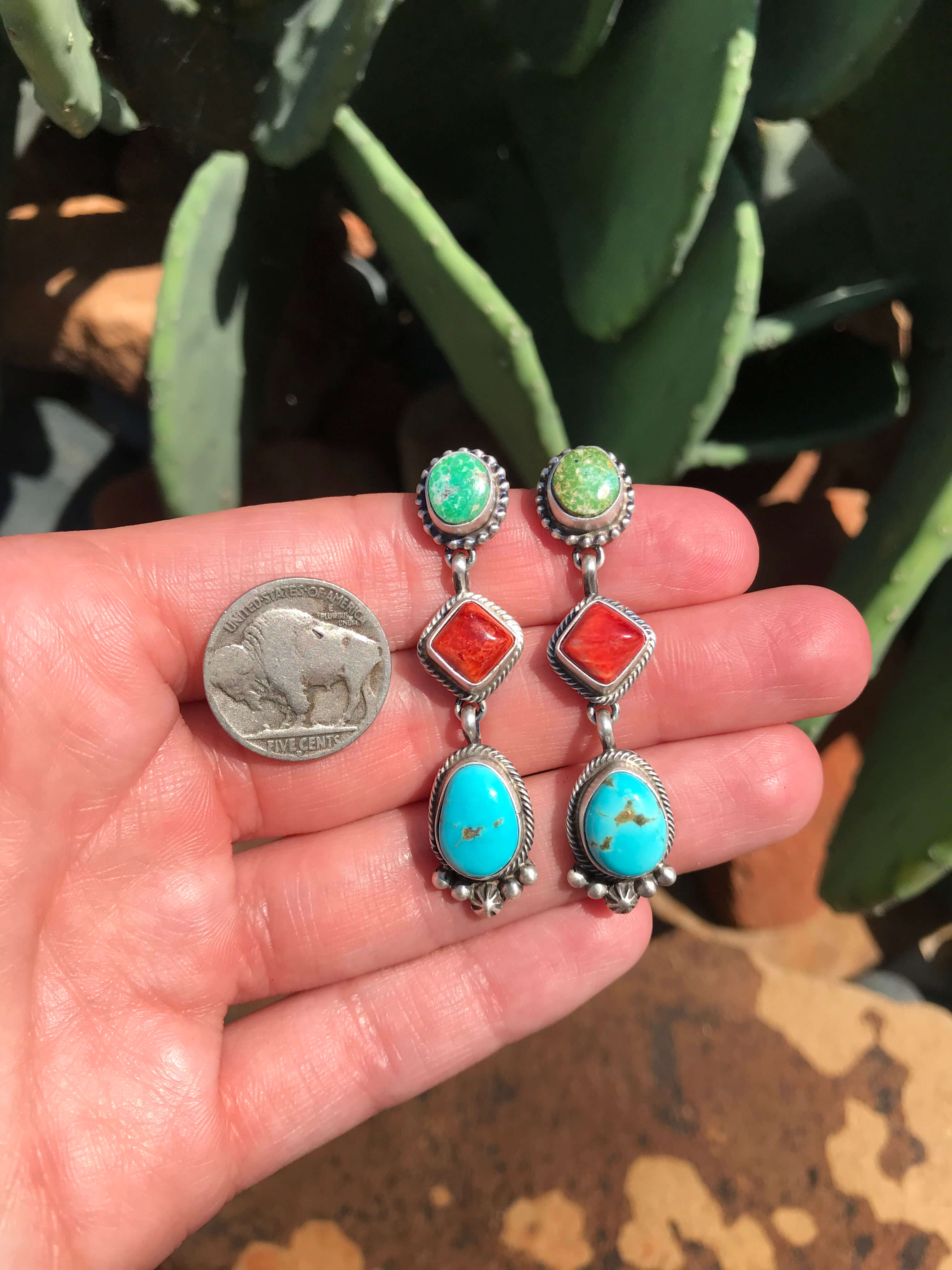 The 3 Stone Drop Earrings, 2-Earrings-Calli Co., Turquoise and Silver Jewelry, Native American Handmade, Zuni Tribe, Navajo Tribe, Brock Texas