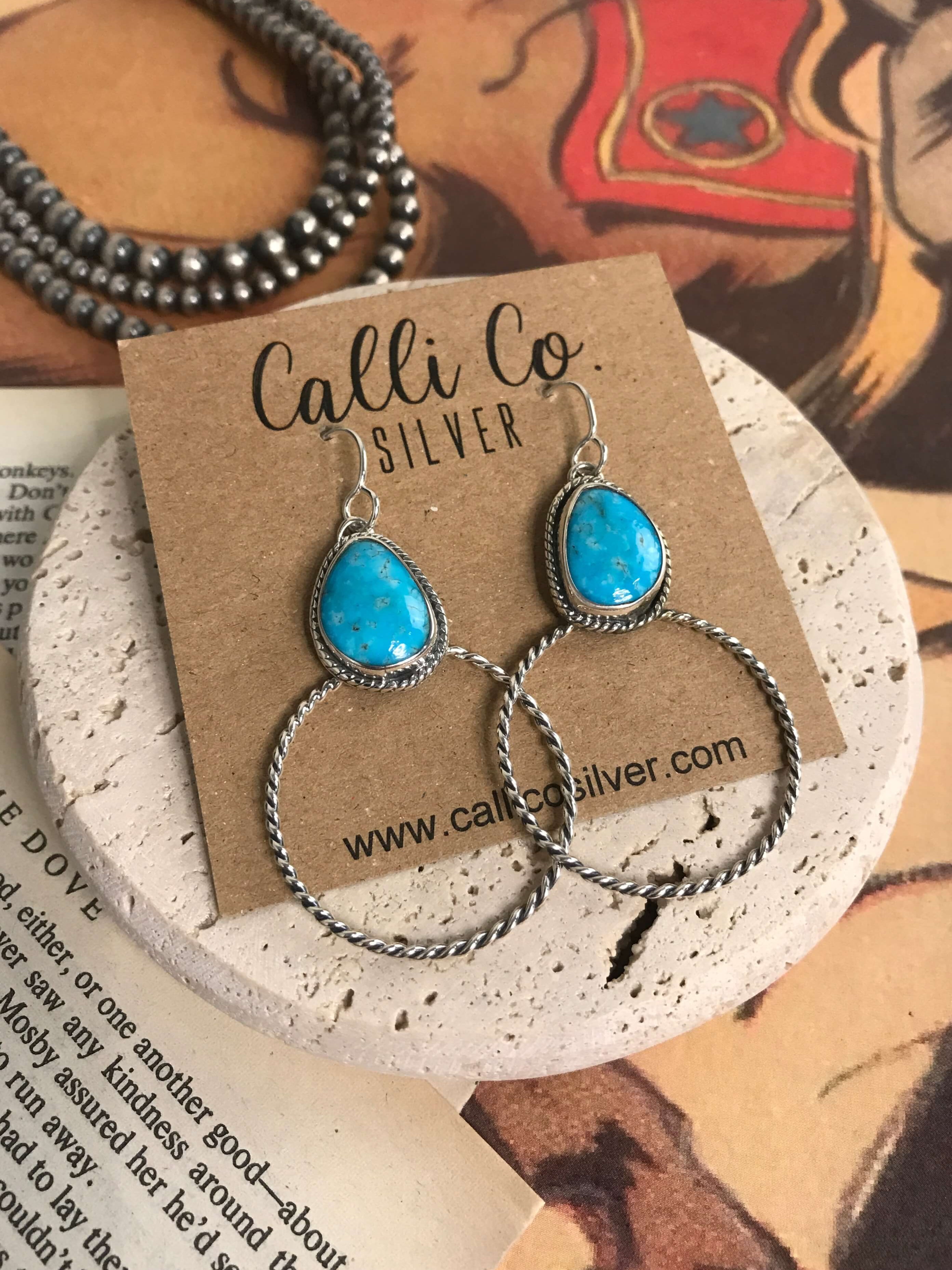 The Keystone Hoop Earrings, 77-Earrings-Calli Co., Turquoise and Silver Jewelry, Native American Handmade, Zuni Tribe, Navajo Tribe, Brock Texas