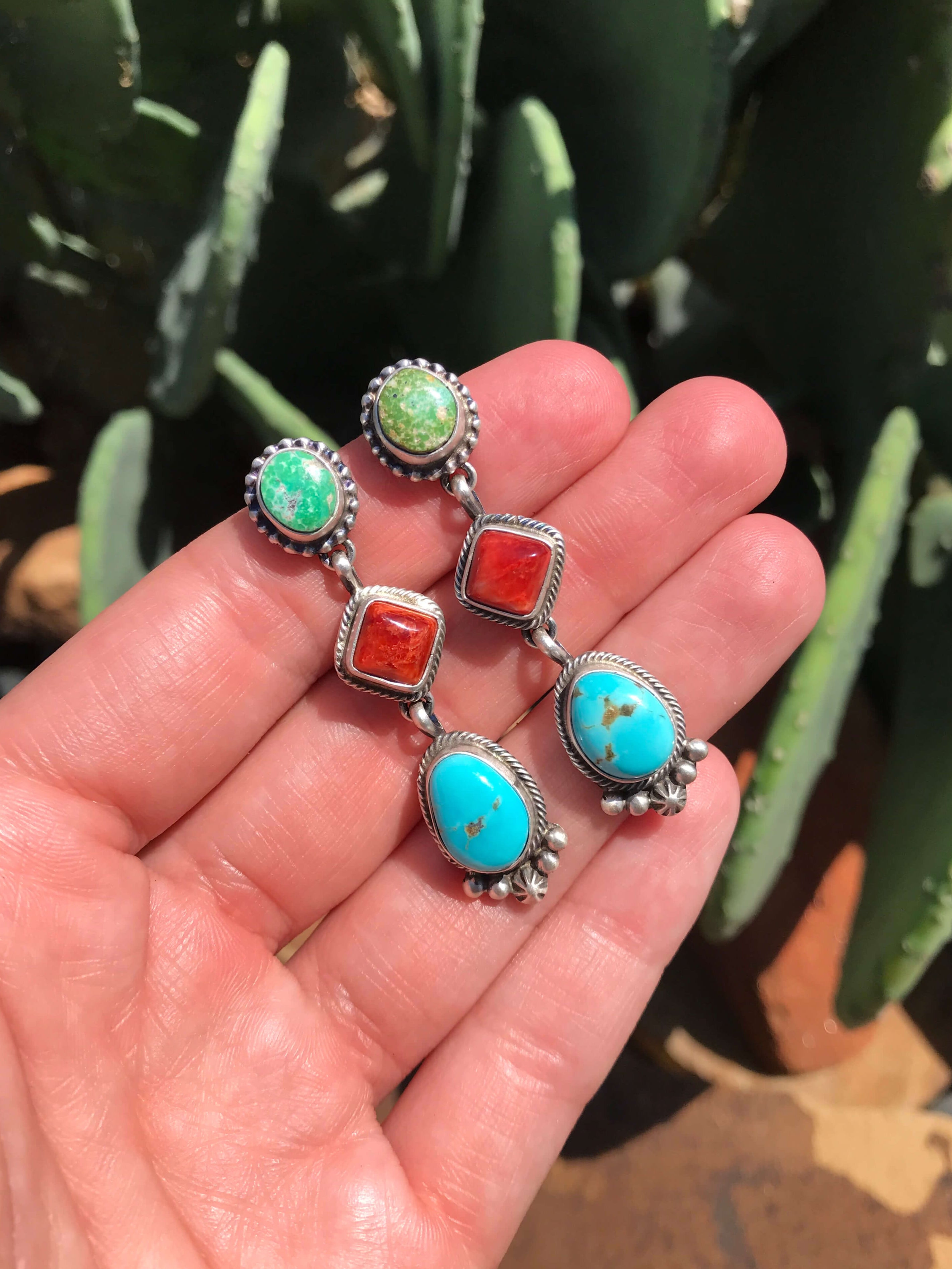 The 3 Stone Drop Earrings, 2-Earrings-Calli Co., Turquoise and Silver Jewelry, Native American Handmade, Zuni Tribe, Navajo Tribe, Brock Texas