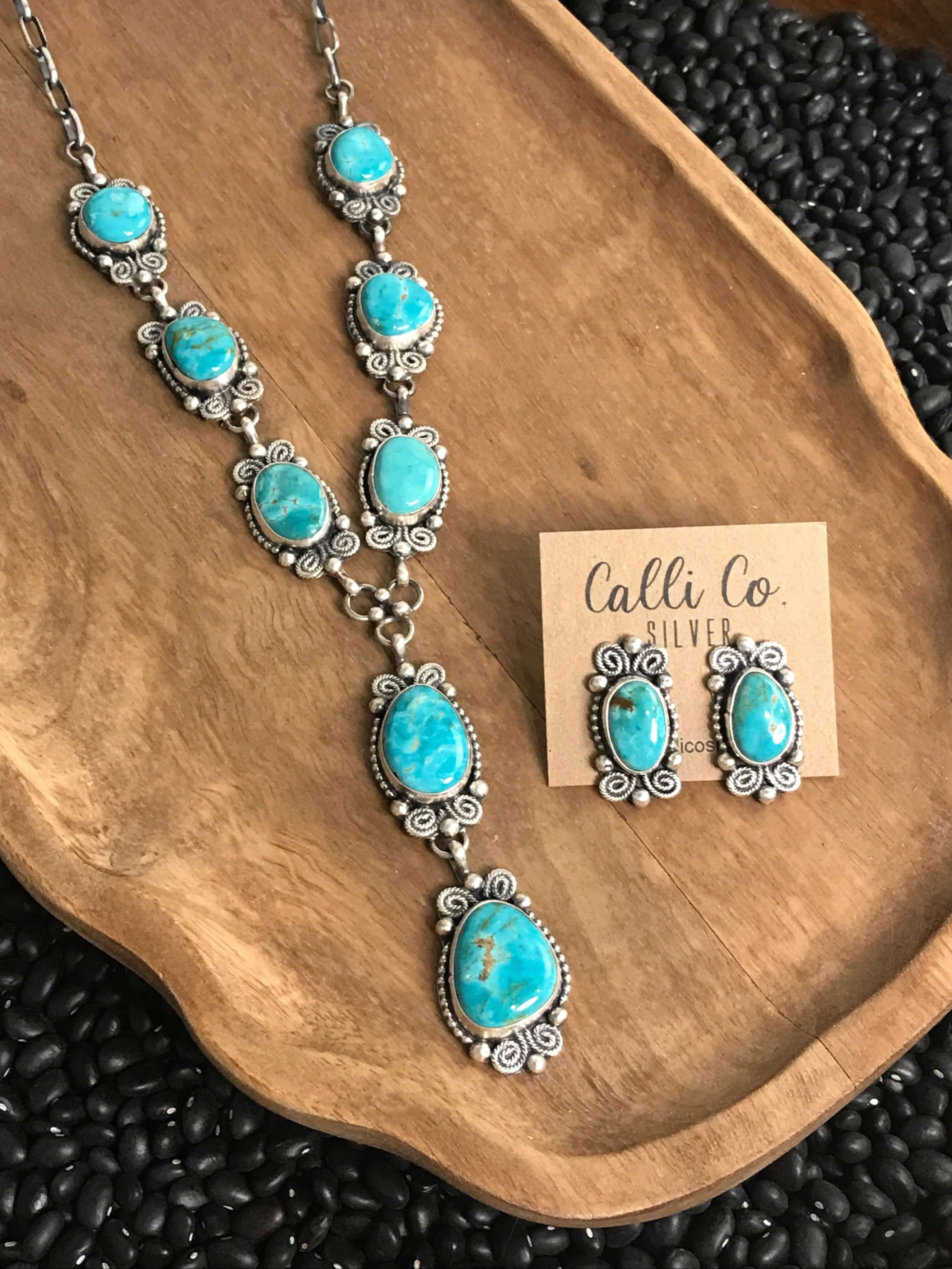The Shima Lariat Necklace Set-Necklaces-Calli Co., Turquoise and Silver Jewelry, Native American Handmade, Zuni Tribe, Navajo Tribe, Brock Texas