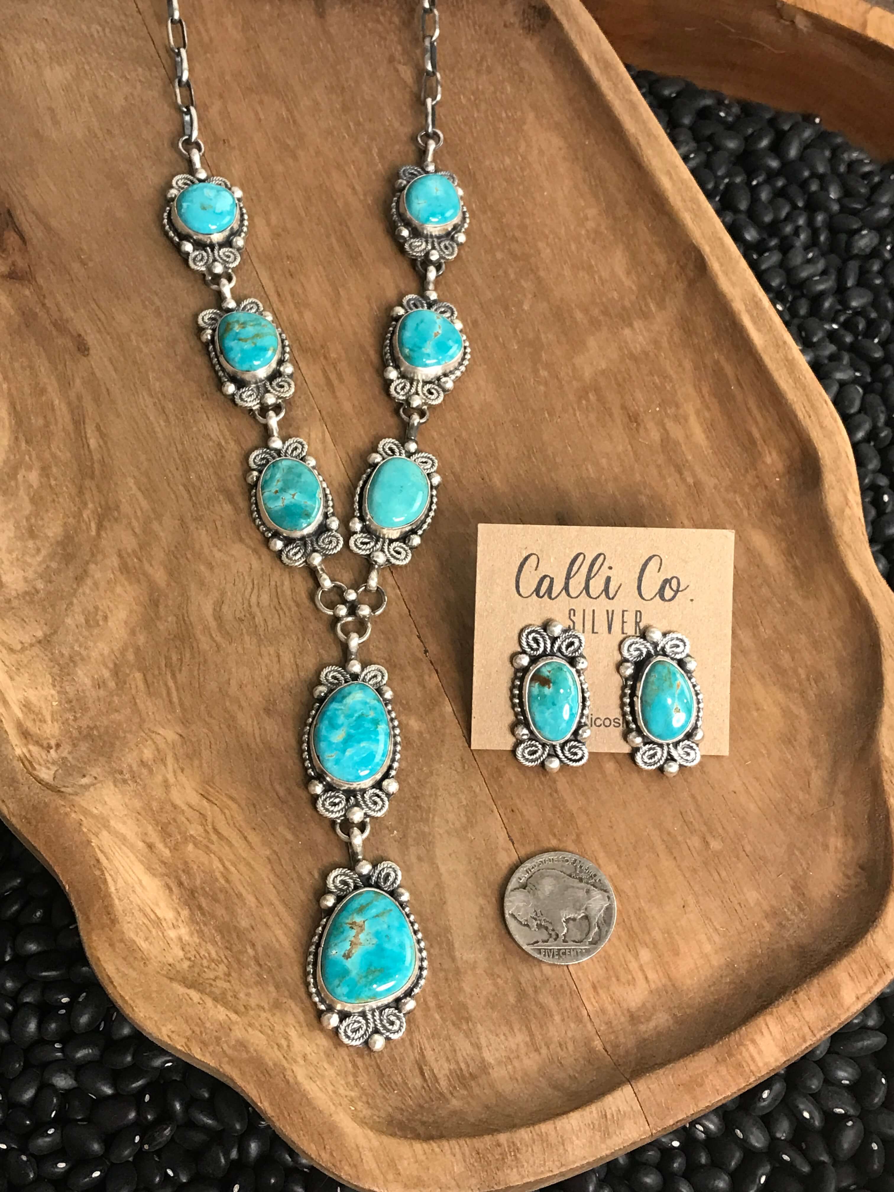 The Shima Lariat Necklace Set-Necklaces-Calli Co., Turquoise and Silver Jewelry, Native American Handmade, Zuni Tribe, Navajo Tribe, Brock Texas