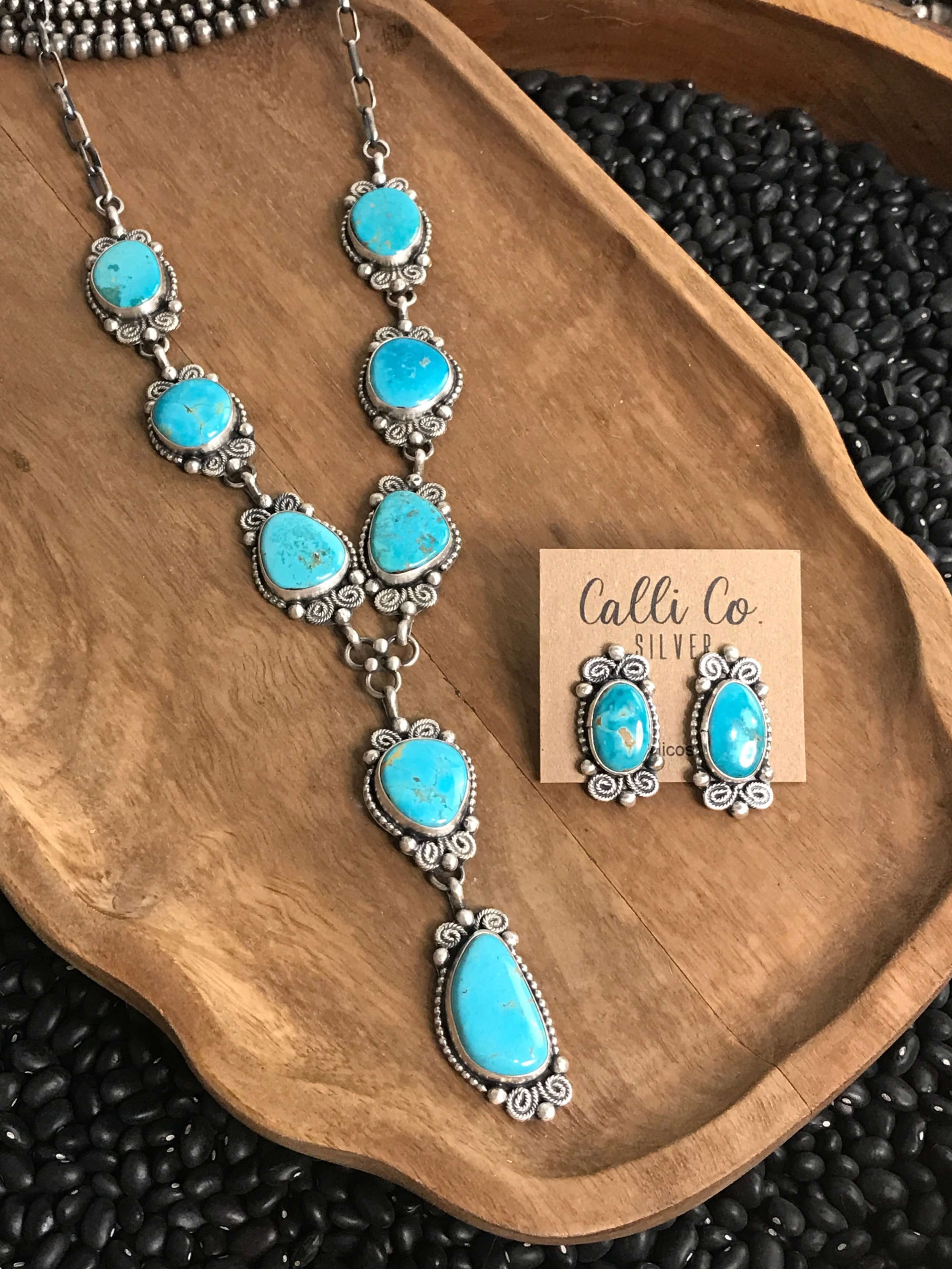 The Mansi Lariat Necklace Set-Necklaces-Calli Co., Turquoise and Silver Jewelry, Native American Handmade, Zuni Tribe, Navajo Tribe, Brock Texas