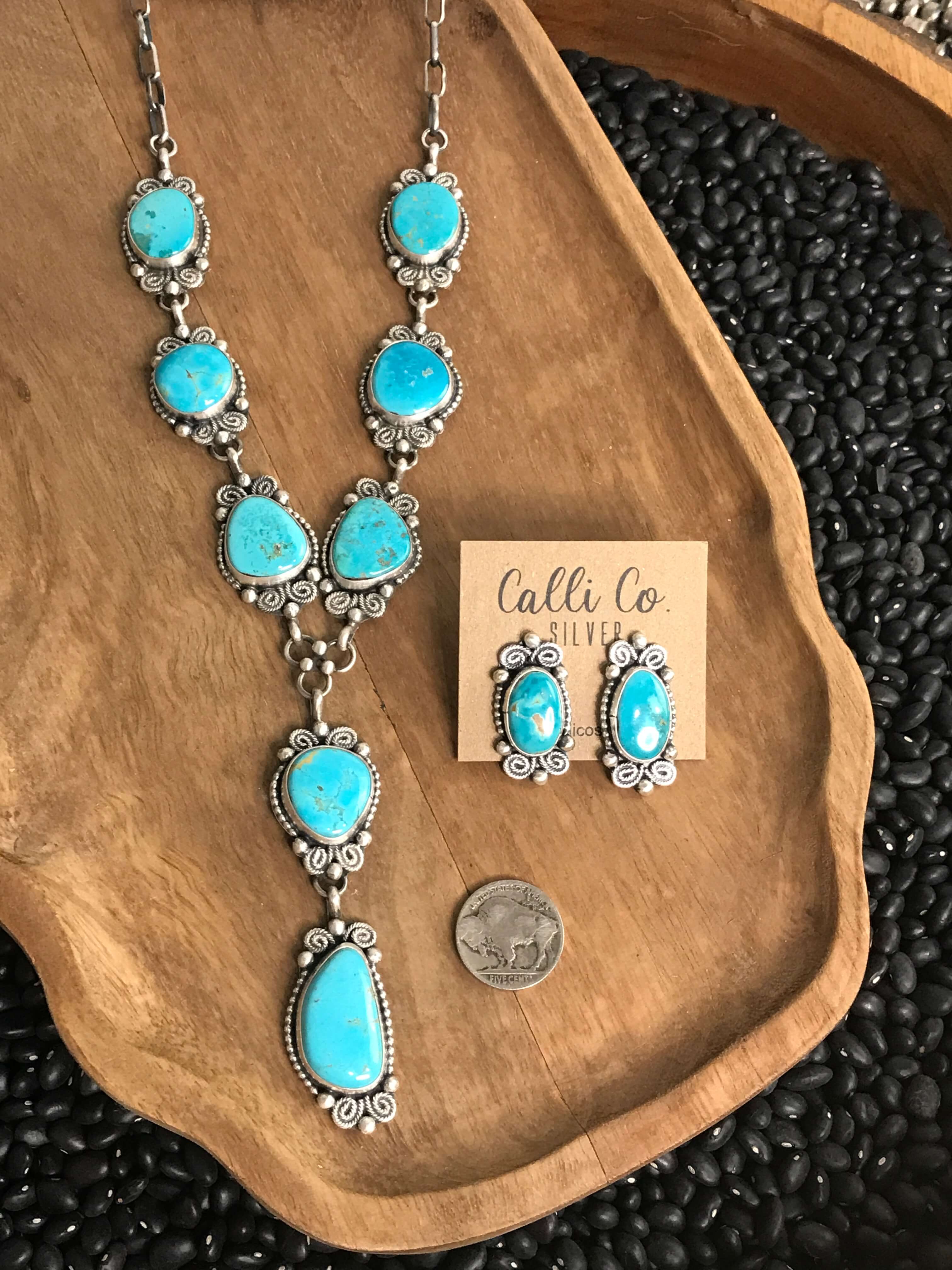The Mansi Lariat Necklace Set-Necklaces-Calli Co., Turquoise and Silver Jewelry, Native American Handmade, Zuni Tribe, Navajo Tribe, Brock Texas