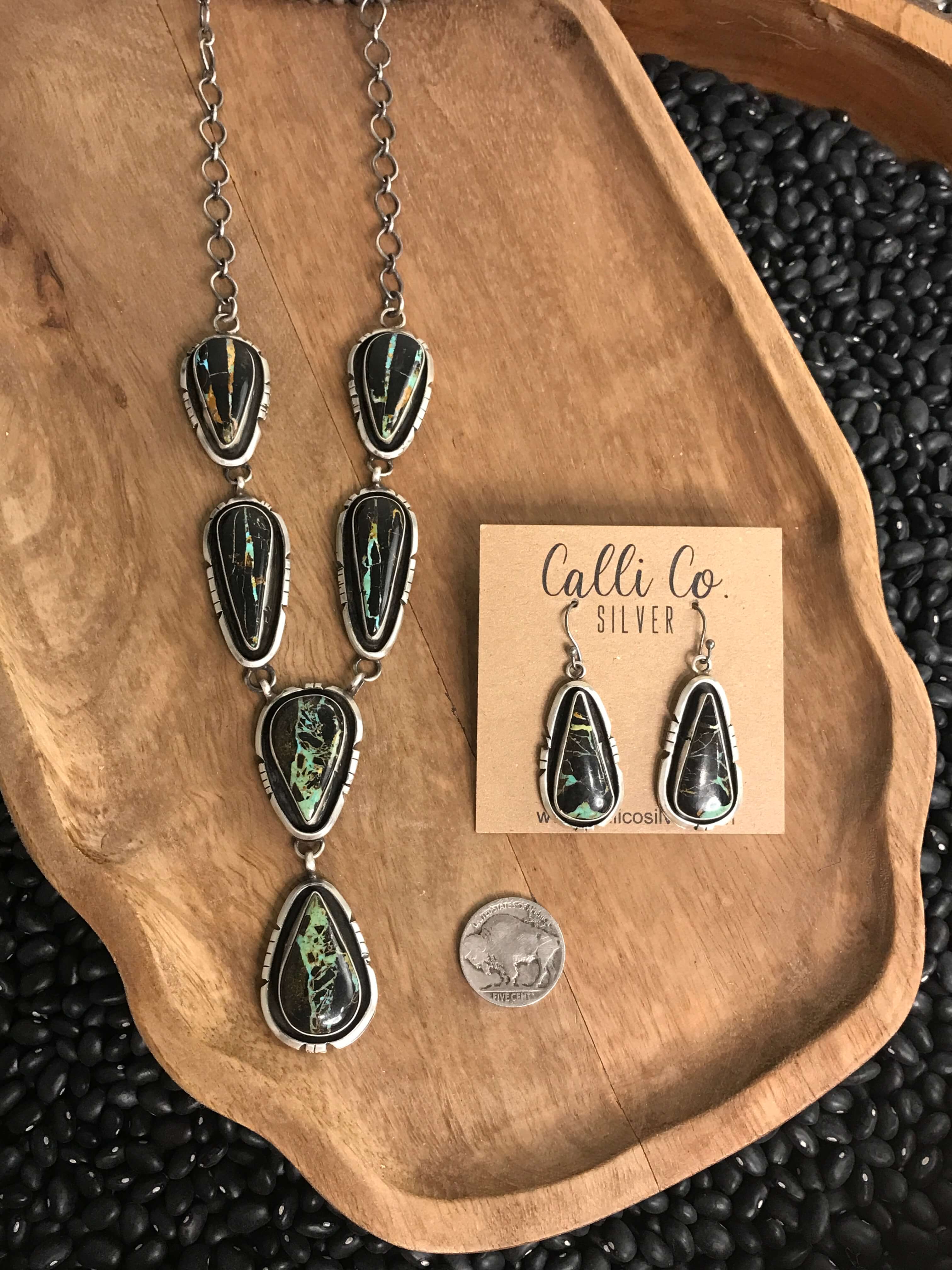 The Black Jack Lariat Necklace Set, 1-Necklaces-Calli Co., Turquoise and Silver Jewelry, Native American Handmade, Zuni Tribe, Navajo Tribe, Brock Texas