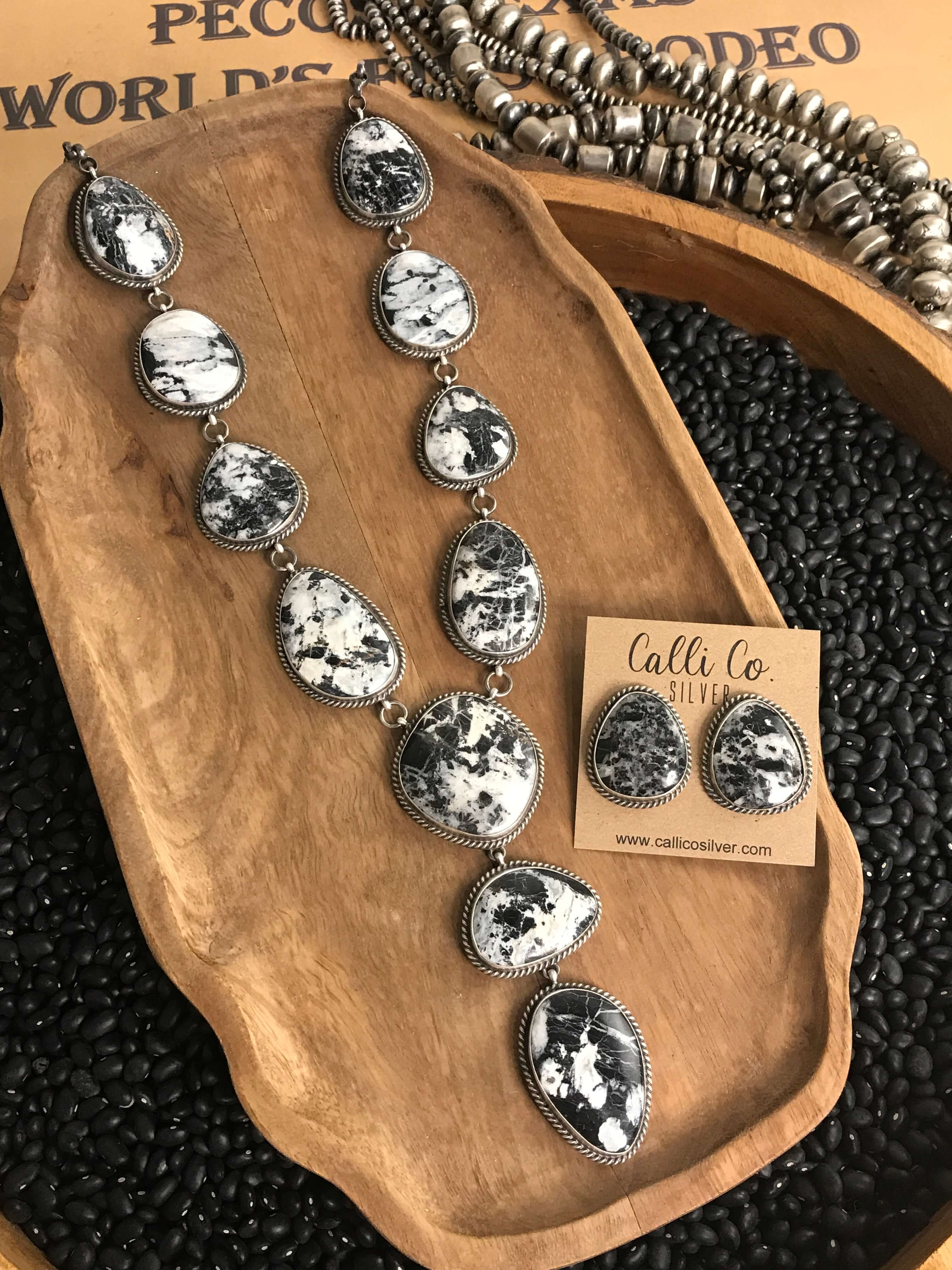 The Denali Lariat Necklace Set-Necklaces-Calli Co., Turquoise and Silver Jewelry, Native American Handmade, Zuni Tribe, Navajo Tribe, Brock Texas