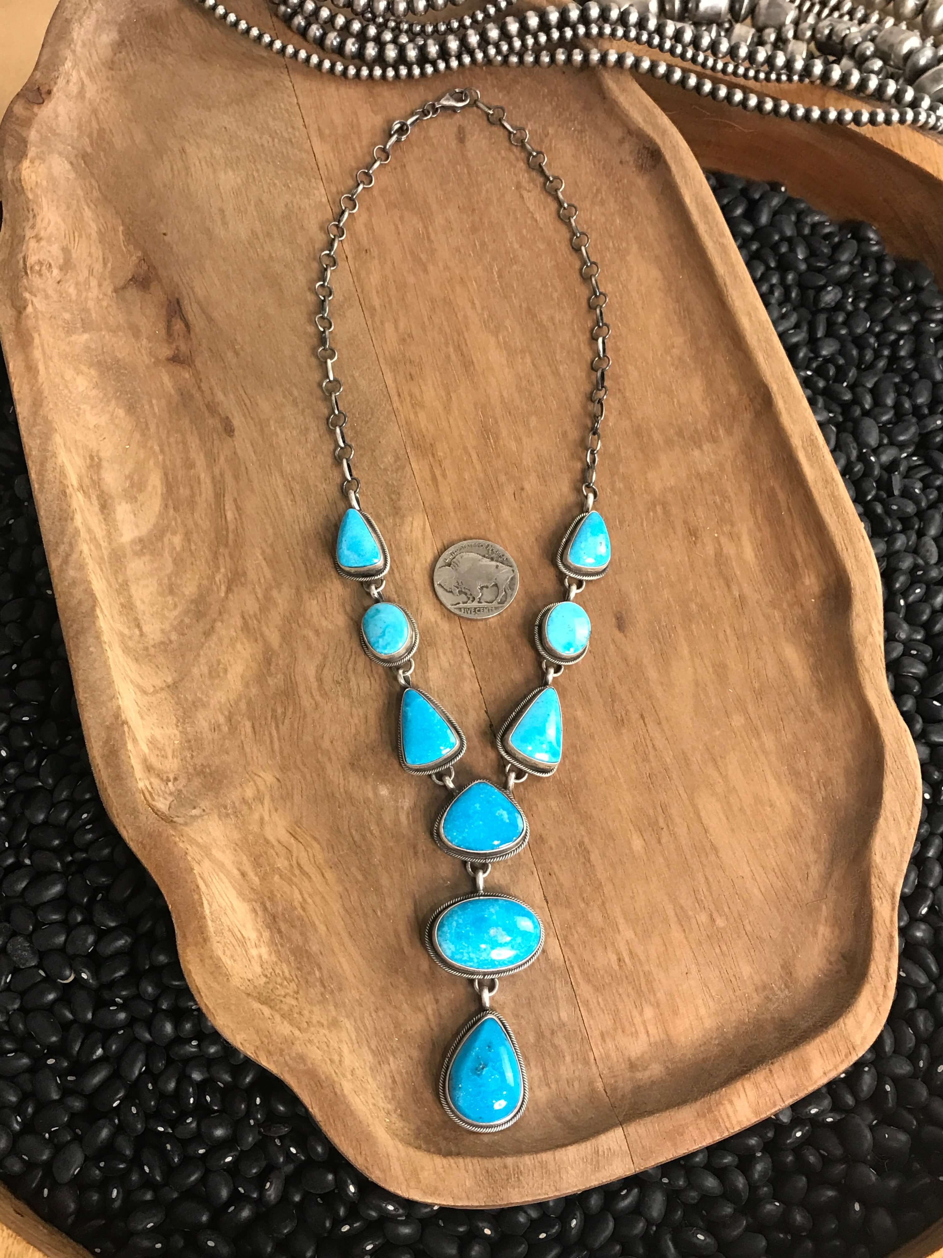 The Lina Lariat Necklace-Necklaces-Calli Co., Turquoise and Silver Jewelry, Native American Handmade, Zuni Tribe, Navajo Tribe, Brock Texas