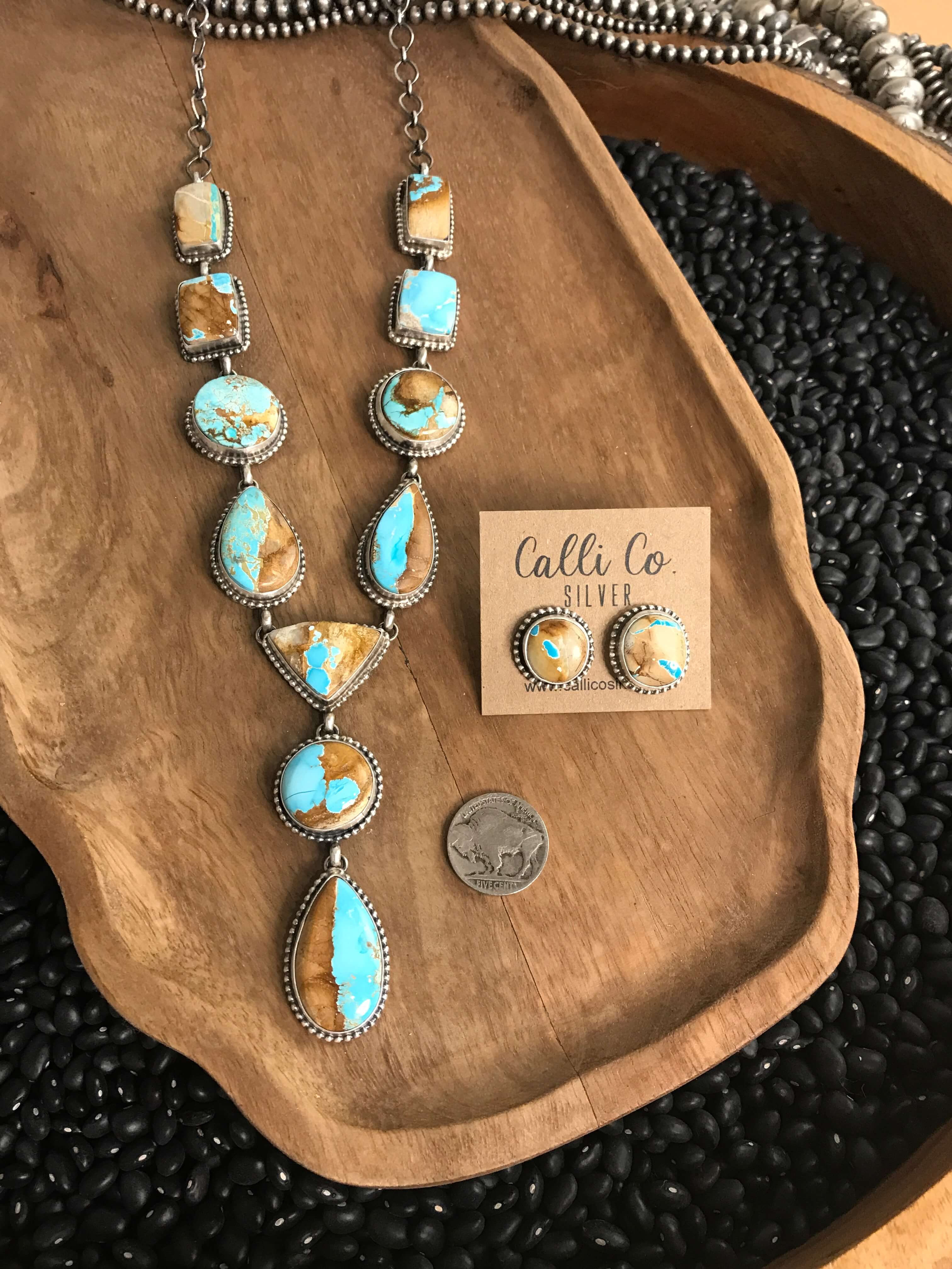 The Margo Lariat Necklace Set-Necklaces-Calli Co., Turquoise and Silver Jewelry, Native American Handmade, Zuni Tribe, Navajo Tribe, Brock Texas