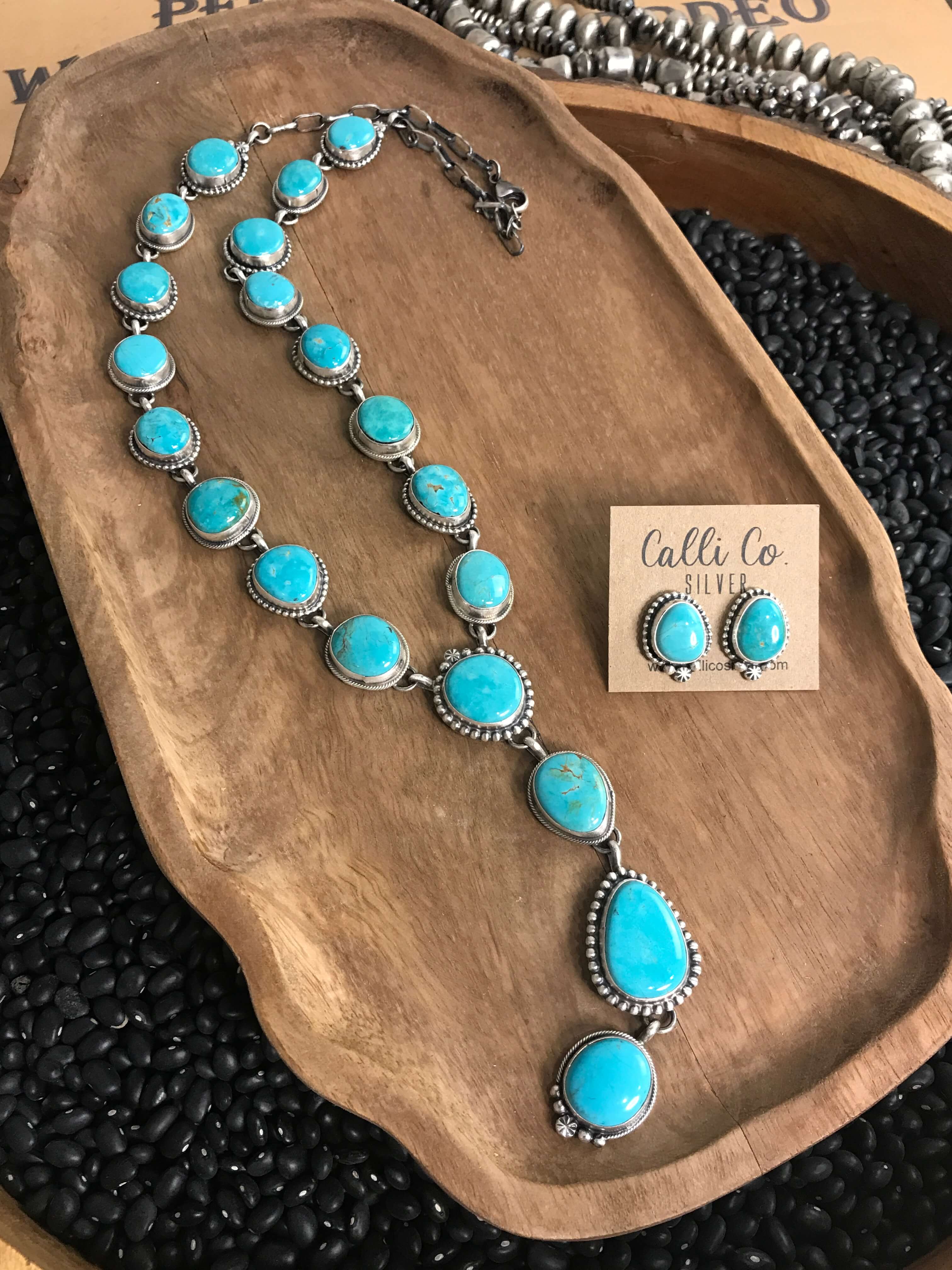 The Lanelle Lariat Necklace Set-Necklaces-Calli Co., Turquoise and Silver Jewelry, Native American Handmade, Zuni Tribe, Navajo Tribe, Brock Texas