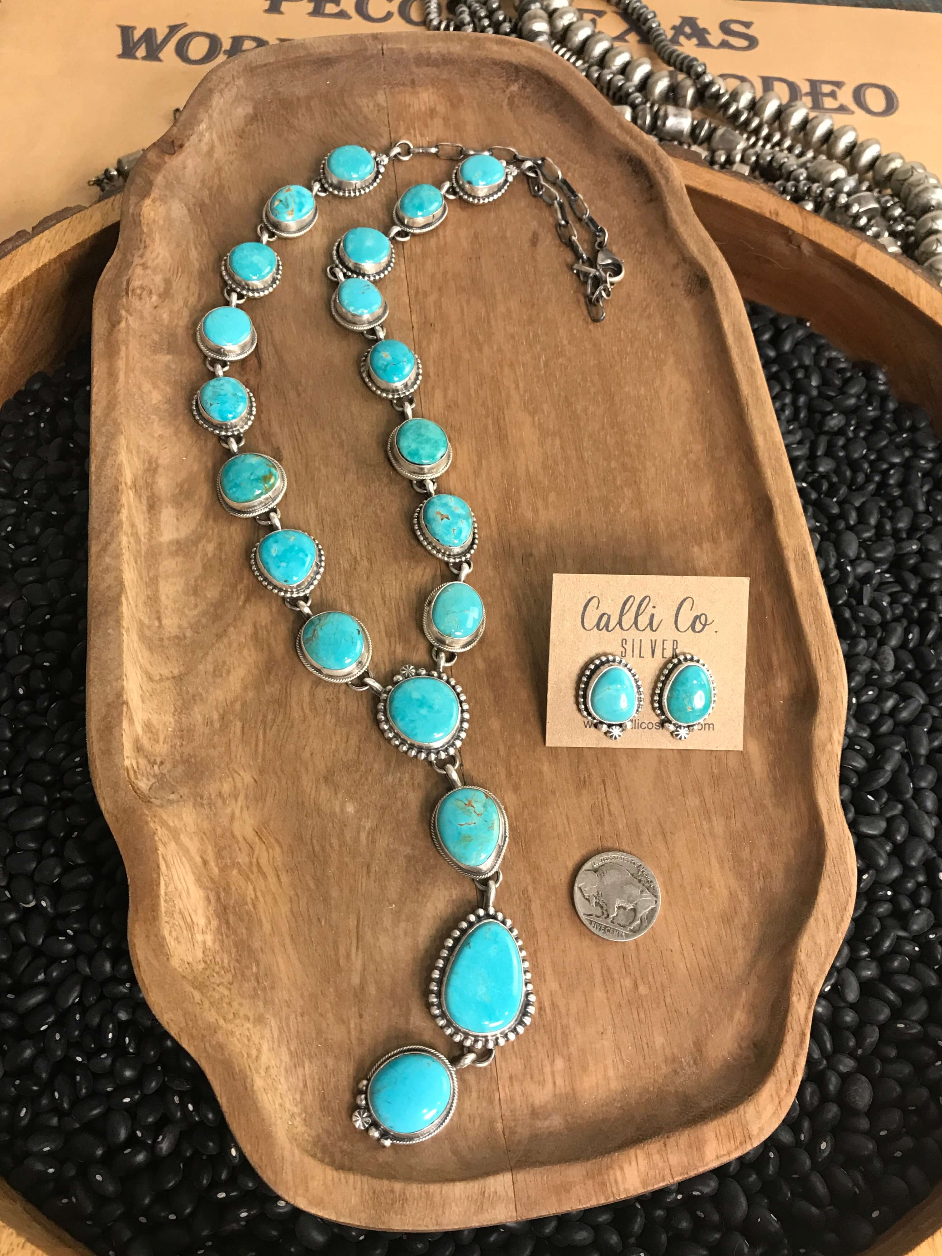 The Lanelle Lariat Necklace Set-Necklaces-Calli Co., Turquoise and Silver Jewelry, Native American Handmade, Zuni Tribe, Navajo Tribe, Brock Texas