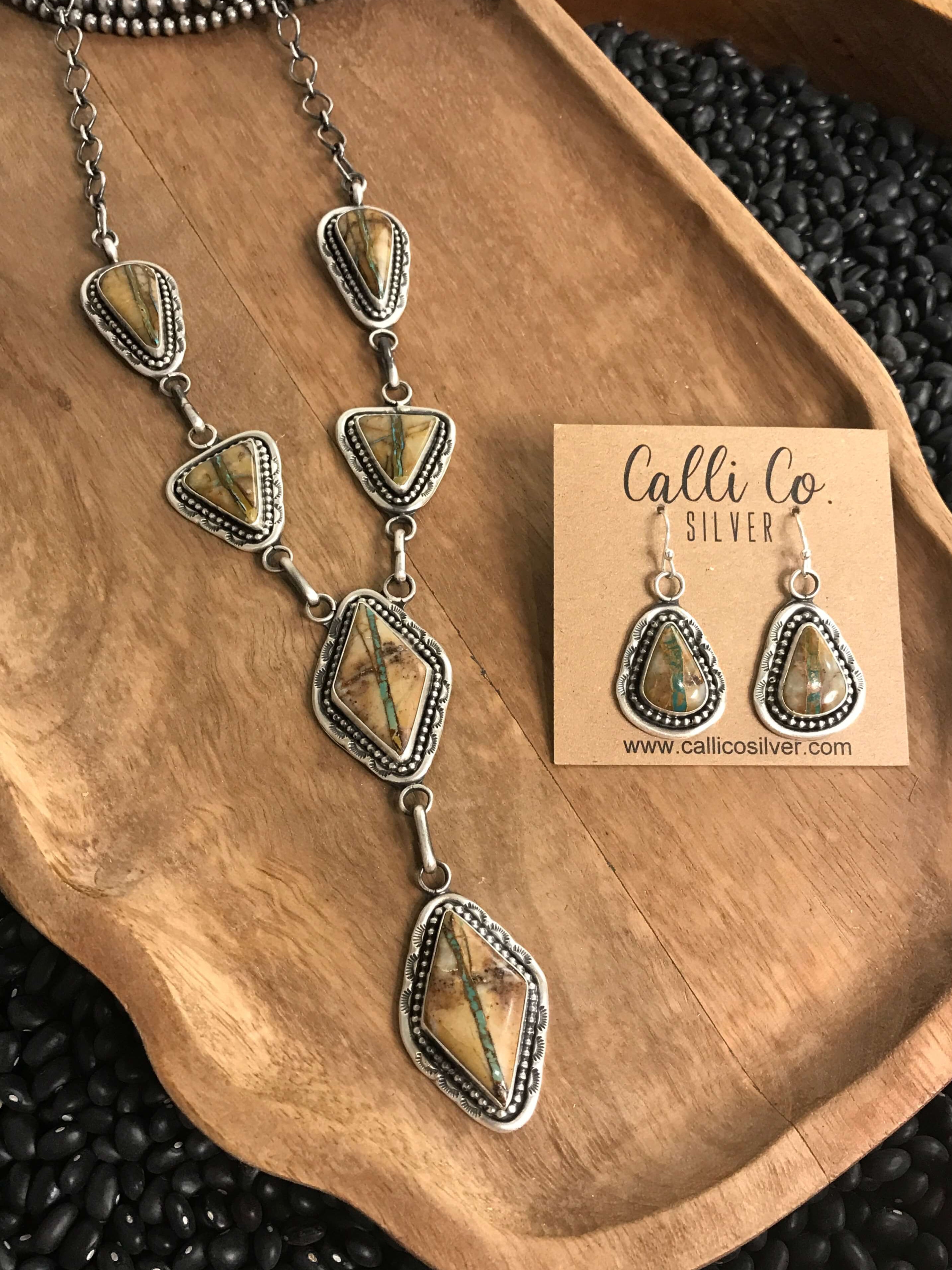 The Sanna Lariat Necklace Set-Necklaces-Calli Co., Turquoise and Silver Jewelry, Native American Handmade, Zuni Tribe, Navajo Tribe, Brock Texas