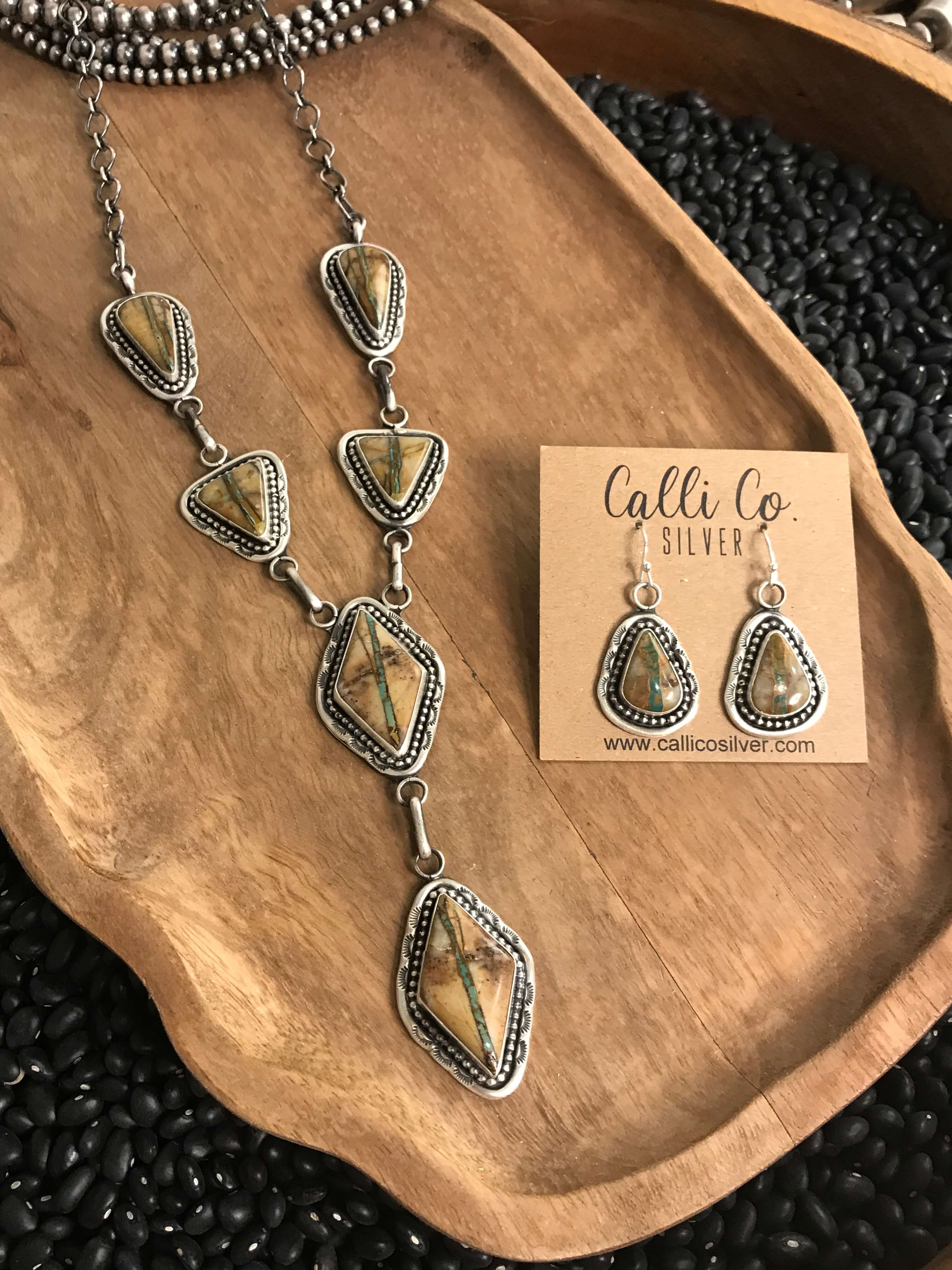 The Sanna Lariat Necklace Set-Necklaces-Calli Co., Turquoise and Silver Jewelry, Native American Handmade, Zuni Tribe, Navajo Tribe, Brock Texas