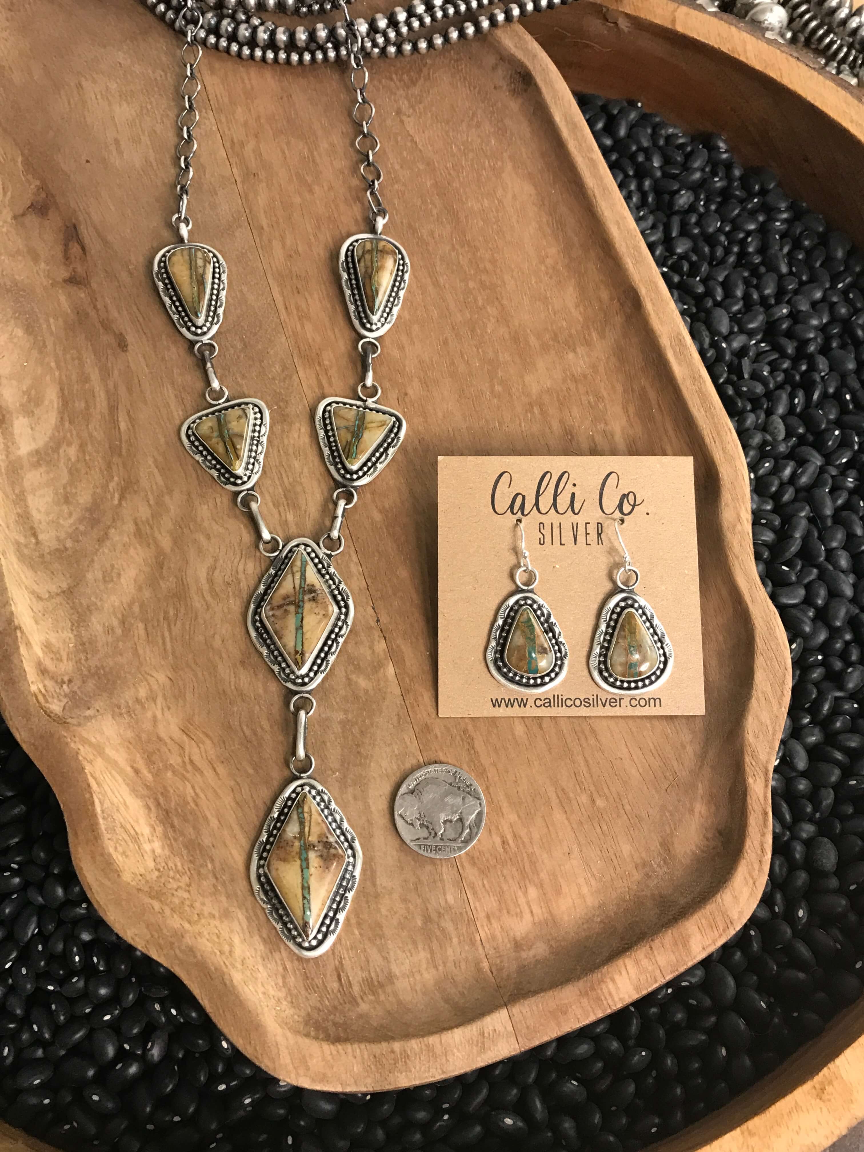 The Sanna Lariat Necklace Set-Necklaces-Calli Co., Turquoise and Silver Jewelry, Native American Handmade, Zuni Tribe, Navajo Tribe, Brock Texas