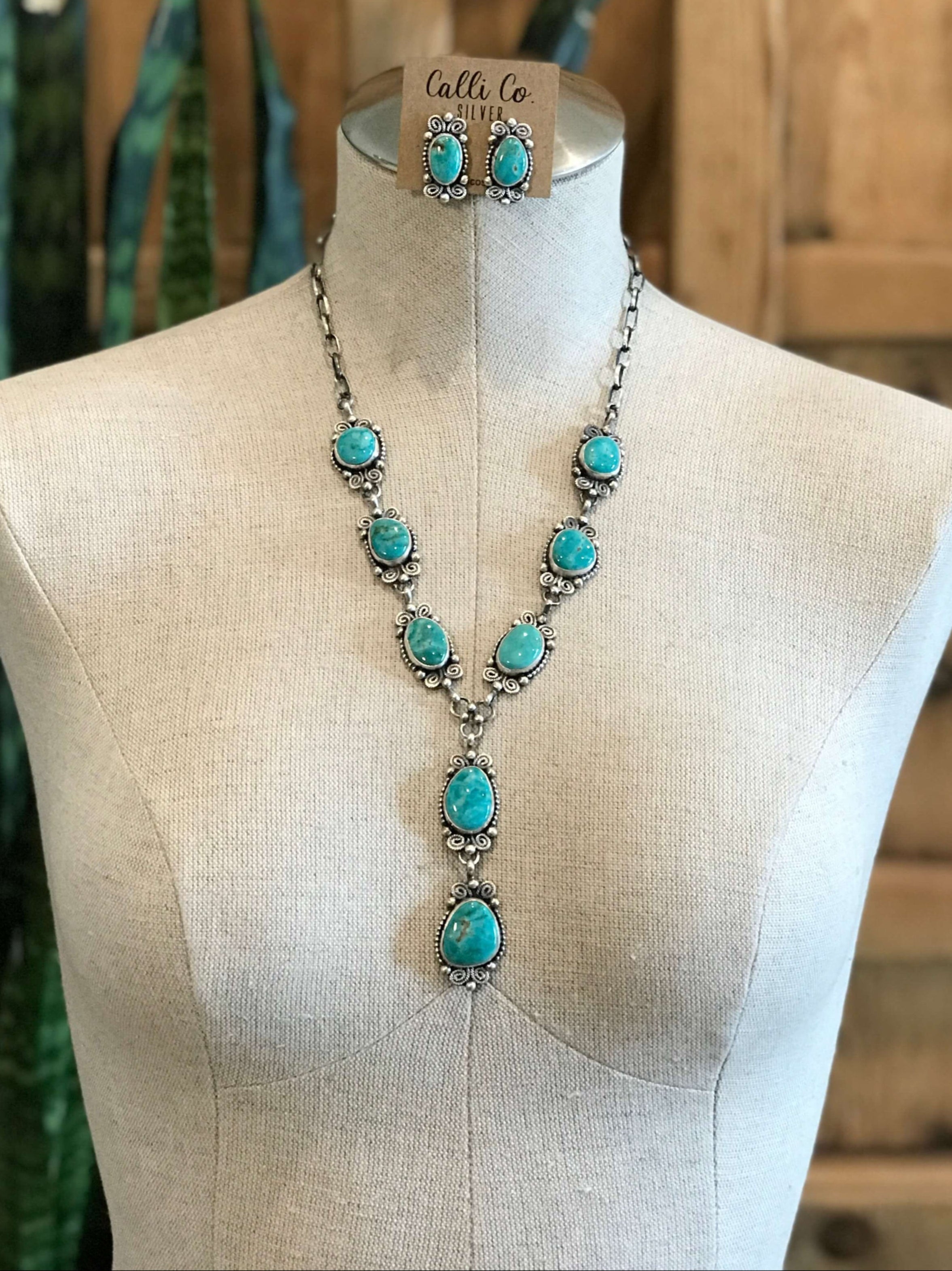 The Shima Lariat Necklace Set-Necklaces-Calli Co., Turquoise and Silver Jewelry, Native American Handmade, Zuni Tribe, Navajo Tribe, Brock Texas