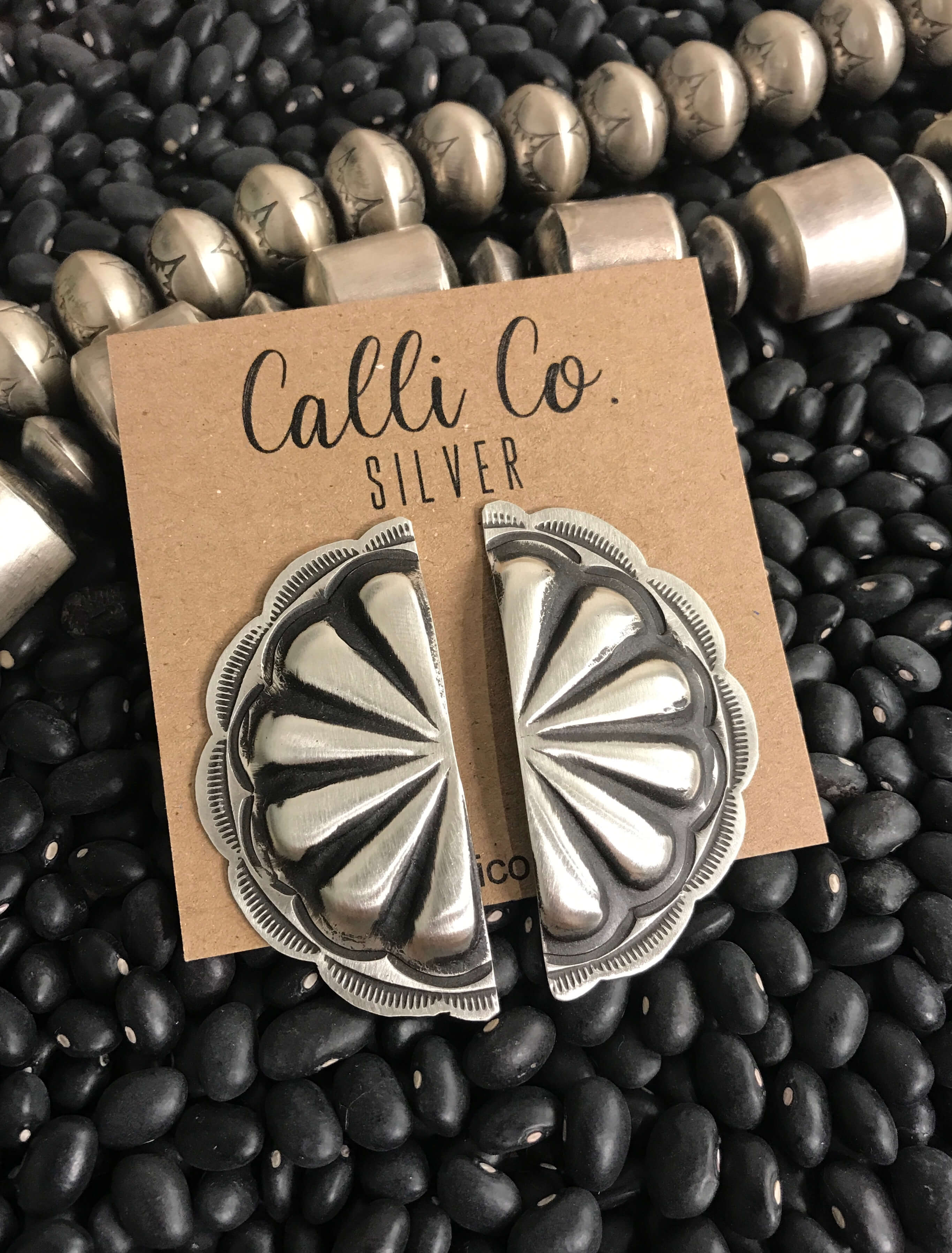 The Half-moon Concho Earrings, 1-Earrings-Calli Co., Turquoise and Silver Jewelry, Native American Handmade, Zuni Tribe, Navajo Tribe, Brock Texas