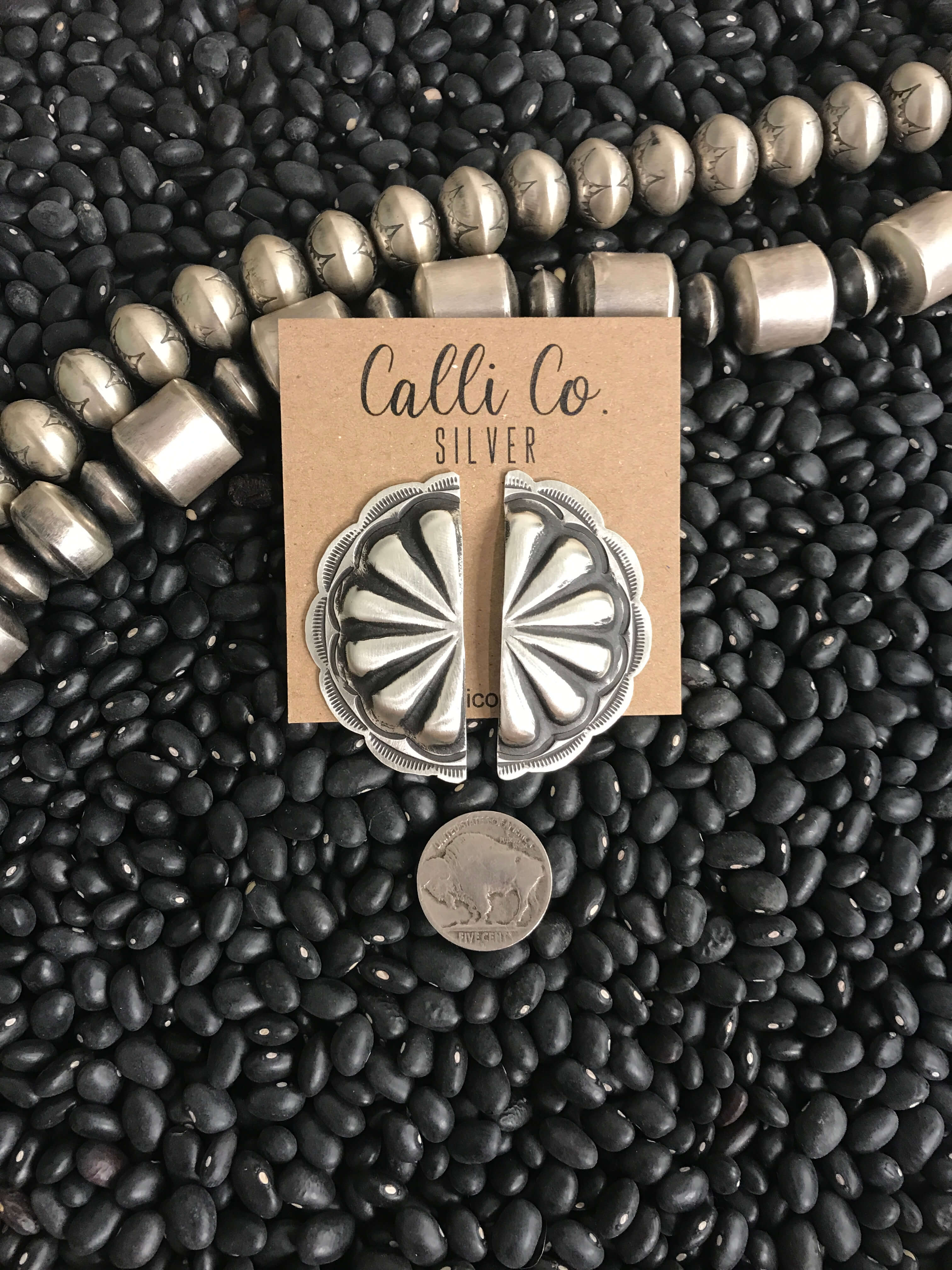 The Half-moon Concho Earrings, 1-Earrings-Calli Co., Turquoise and Silver Jewelry, Native American Handmade, Zuni Tribe, Navajo Tribe, Brock Texas