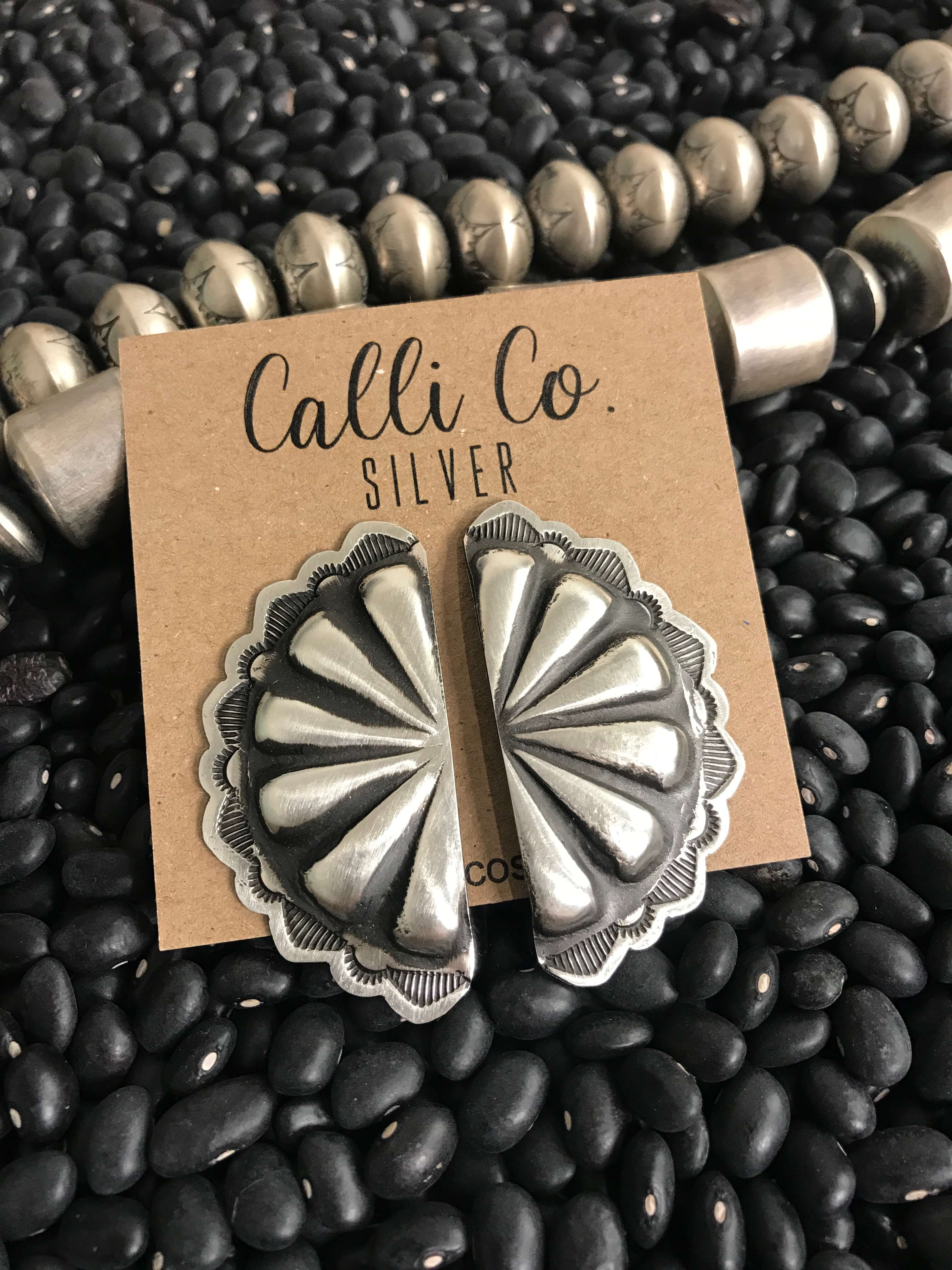 The Half-moon Concho Earrings, 2-Earrings-Calli Co., Turquoise and Silver Jewelry, Native American Handmade, Zuni Tribe, Navajo Tribe, Brock Texas