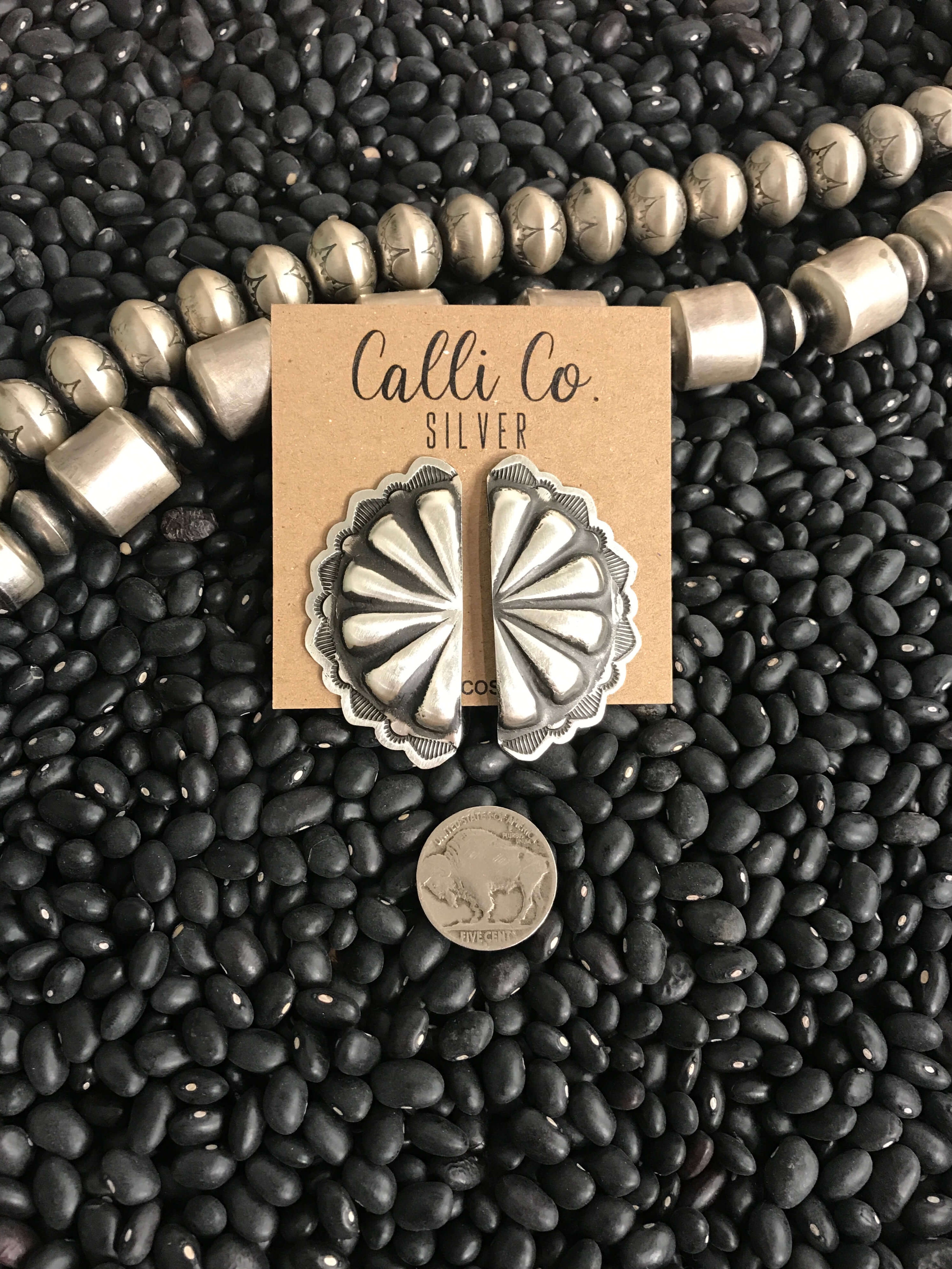 The Half-moon Concho Earrings, 2-Earrings-Calli Co., Turquoise and Silver Jewelry, Native American Handmade, Zuni Tribe, Navajo Tribe, Brock Texas