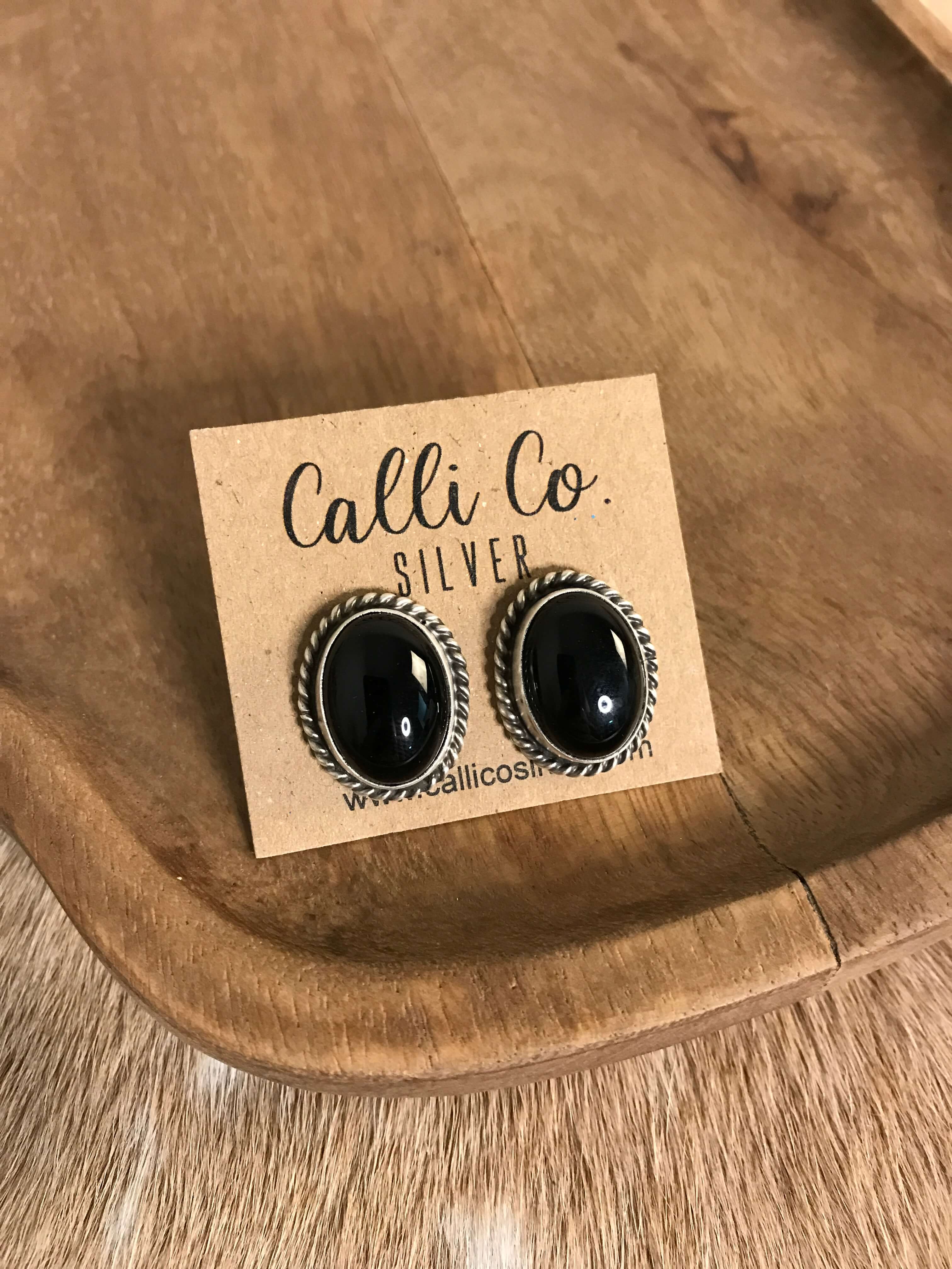 The Lugano Onyx Studs-Earrings-Calli Co., Turquoise and Silver Jewelry, Native American Handmade, Zuni Tribe, Navajo Tribe, Brock Texas