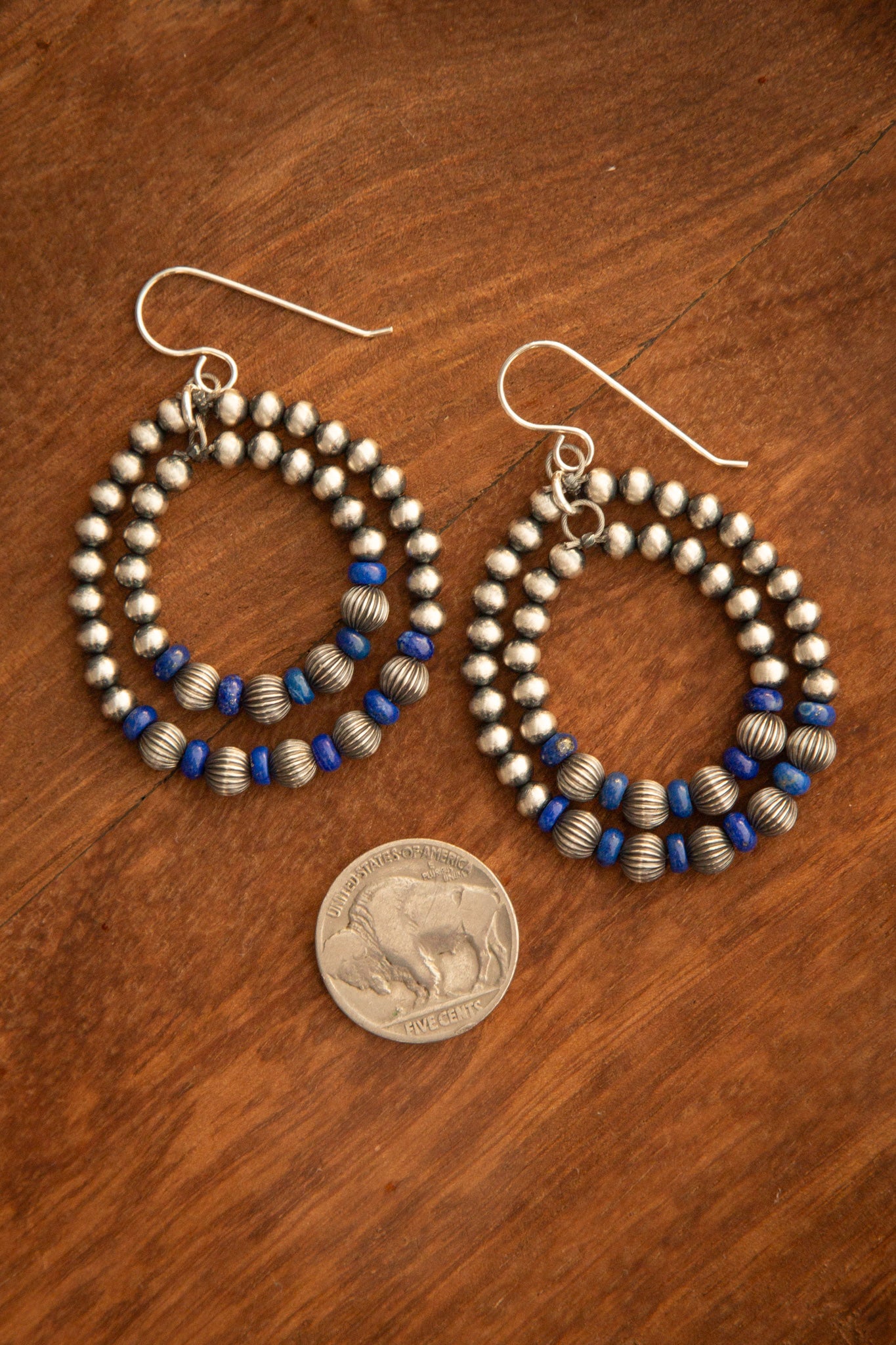 The Lincoln Lapis and Pearl Hoop Earrings-Earrings-Calli Co., Turquoise and Silver Jewelry, Native American Handmade, Zuni Tribe, Navajo Tribe, Brock Texas