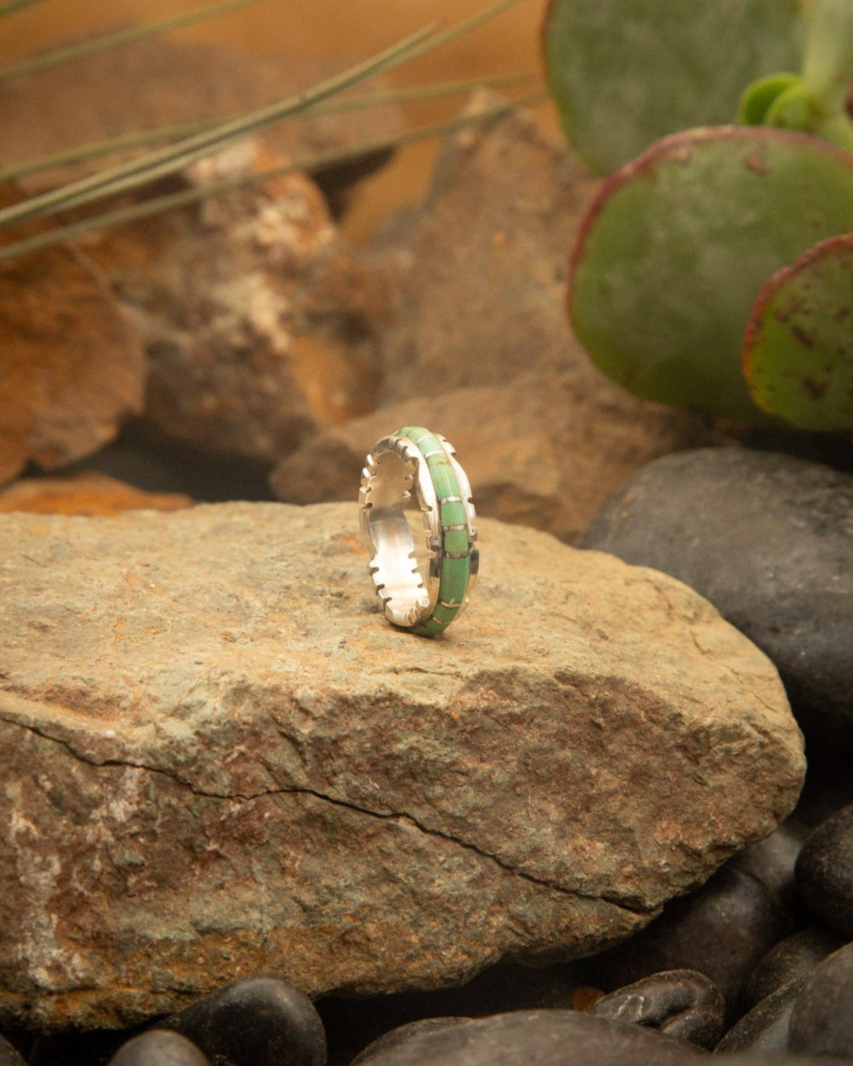 The Scalloped Inlay Ring in Green-Rings-Calli Co., Turquoise and Silver Jewelry, Native American Handmade, Zuni Tribe, Navajo Tribe, Brock Texas