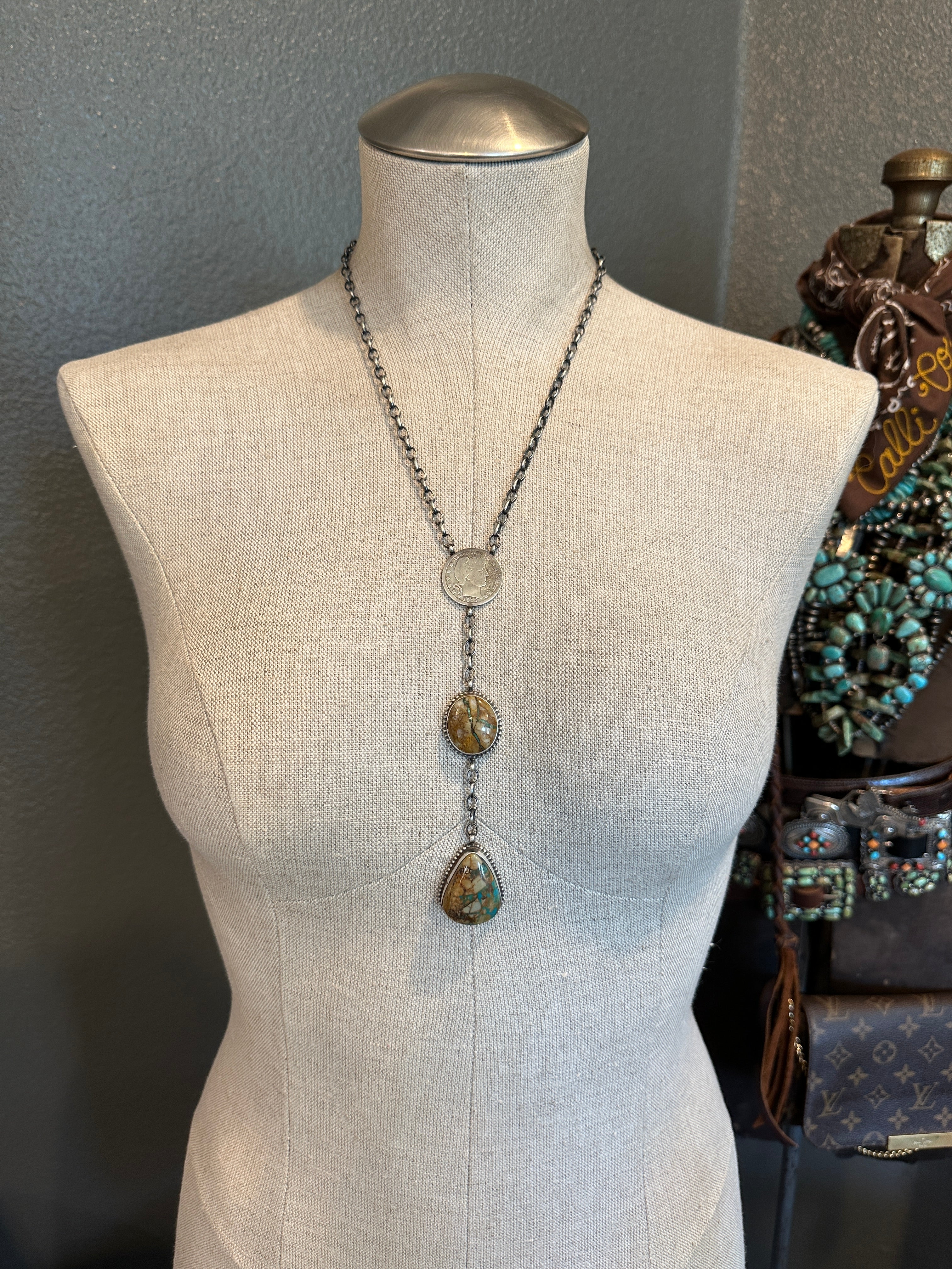 The Coin Turquoise Lariat Necklace, 4-Necklaces-Calli Co., Turquoise and Silver Jewelry, Native American Handmade, Zuni Tribe, Navajo Tribe, Brock Texas