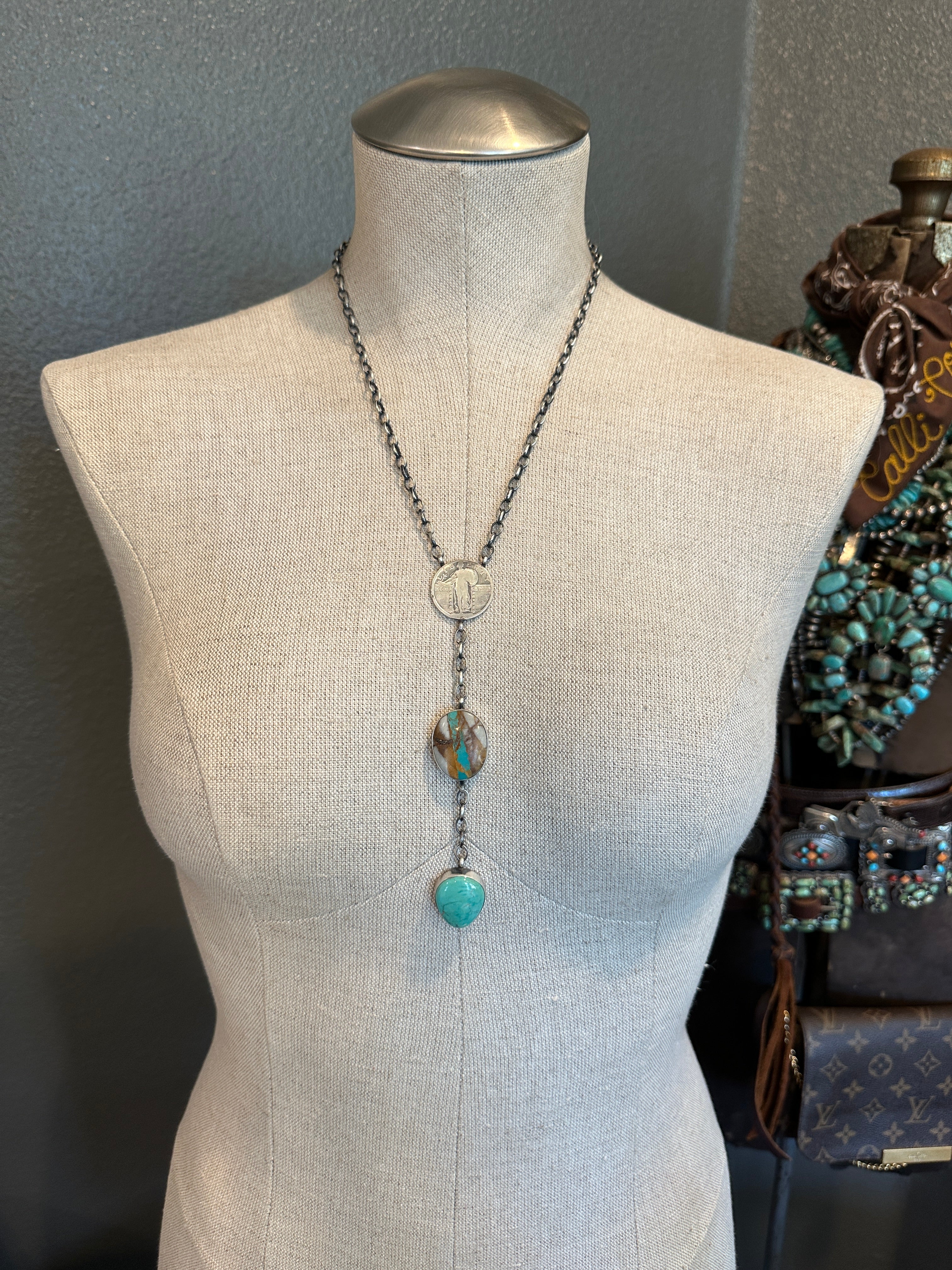 The Coin Turquoise Lariat Necklace, 5-Necklaces-Calli Co., Turquoise and Silver Jewelry, Native American Handmade, Zuni Tribe, Navajo Tribe, Brock Texas