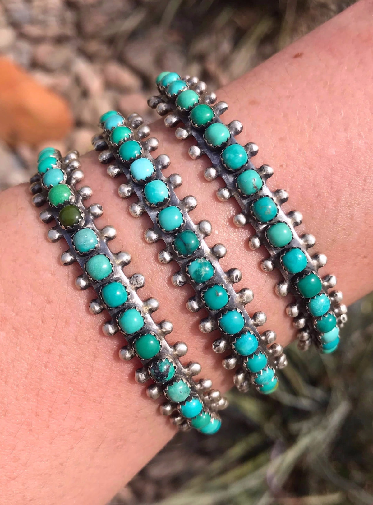 The Tupelo Turquoise Row Cuffs-Bracelets & Cuffs-Calli Co., Turquoise and Silver Jewelry, Native American Handmade, Zuni Tribe, Navajo Tribe, Brock Texas