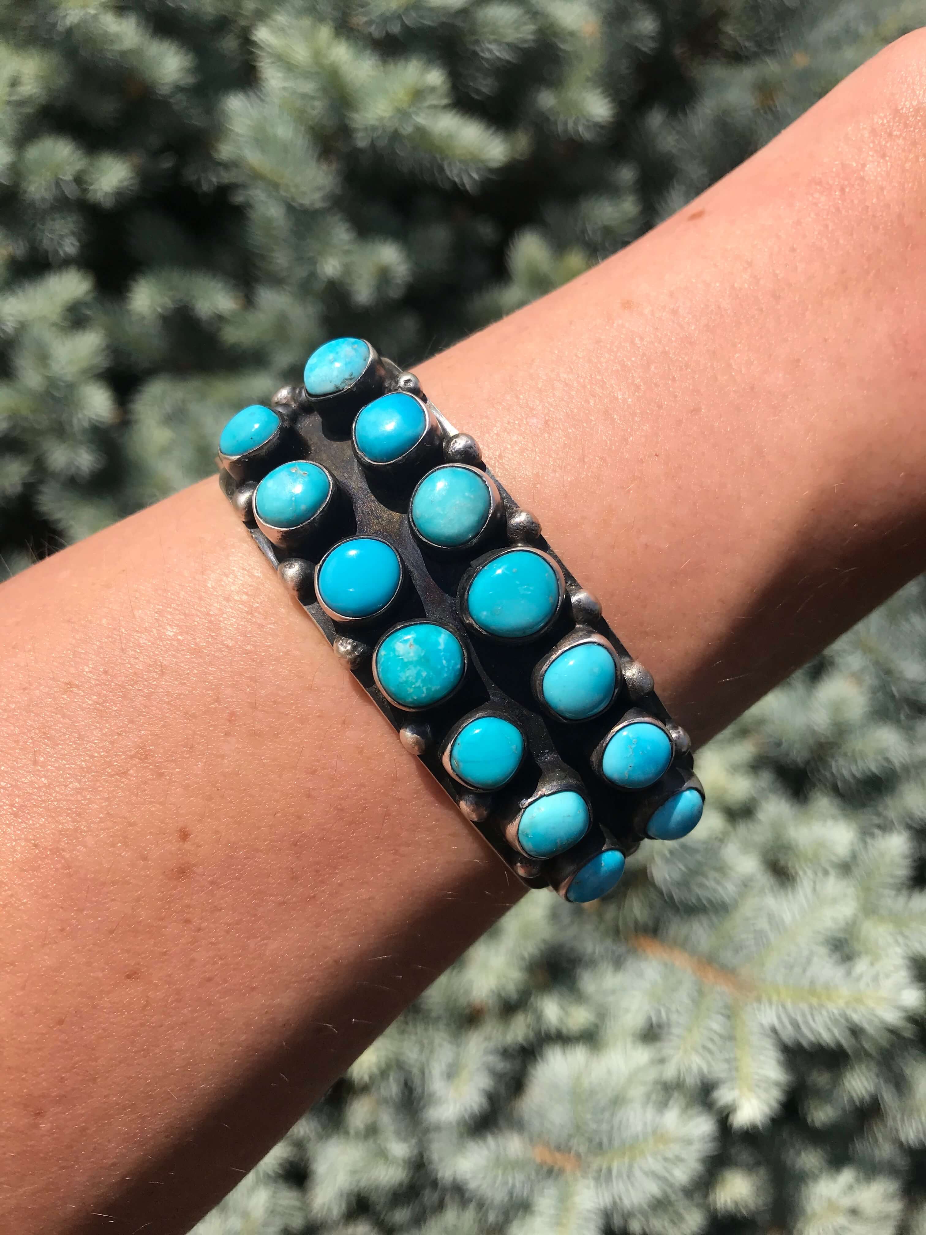 The Bluebird Double Row Cuff-Bracelets & Cuffs-Calli Co., Turquoise and Silver Jewelry, Native American Handmade, Zuni Tribe, Navajo Tribe, Brock Texas