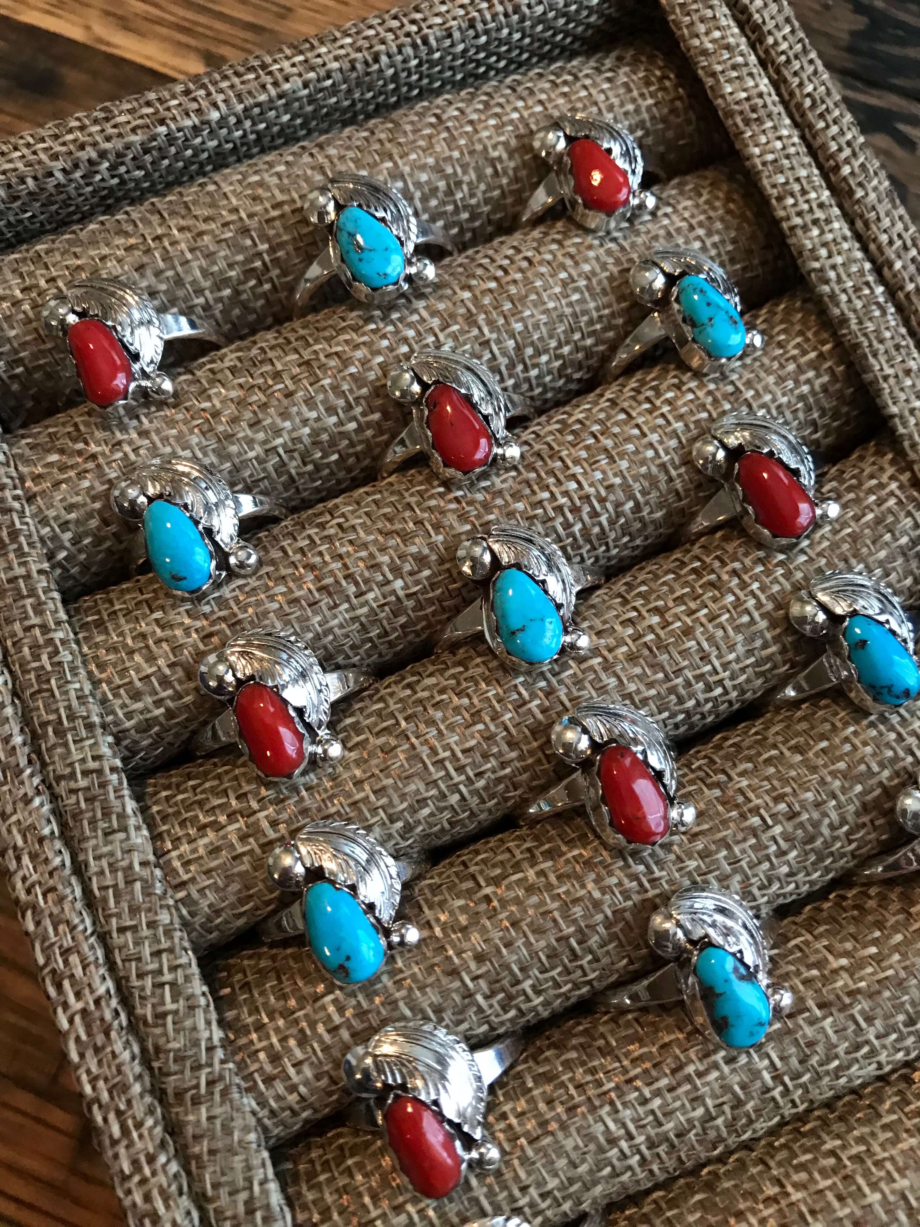 The Turquoise or Coral Traditional Rings •-Rings-Calli Co., Turquoise and Silver Jewelry, Native American Handmade, Zuni Tribe, Navajo Tribe, Brock Texas
