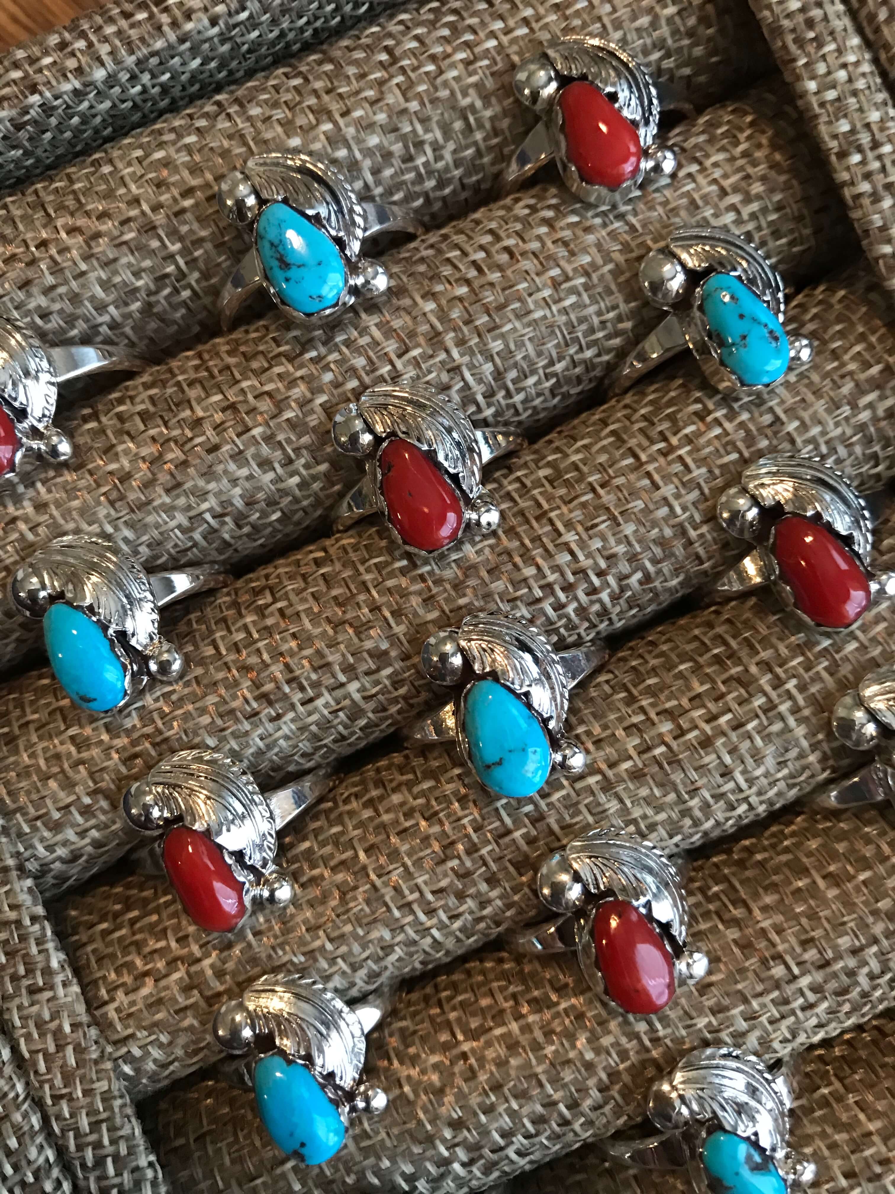 The Turquoise or Coral Traditional Rings •-Rings-Calli Co., Turquoise and Silver Jewelry, Native American Handmade, Zuni Tribe, Navajo Tribe, Brock Texas