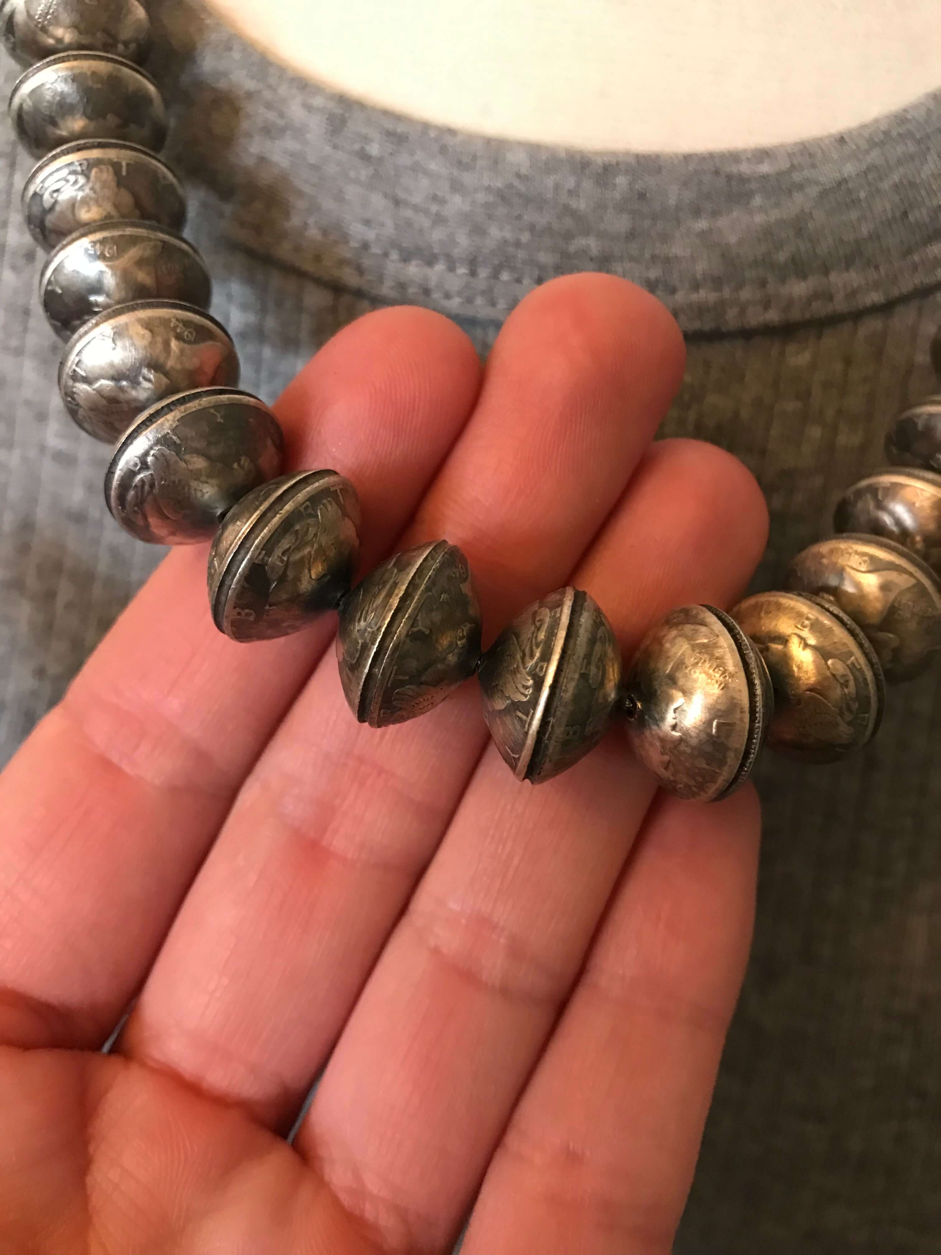 The Mercury Dime Pearl Necklace, 23"-Necklaces-Calli Co., Turquoise and Silver Jewelry, Native American Handmade, Zuni Tribe, Navajo Tribe, Brock Texas