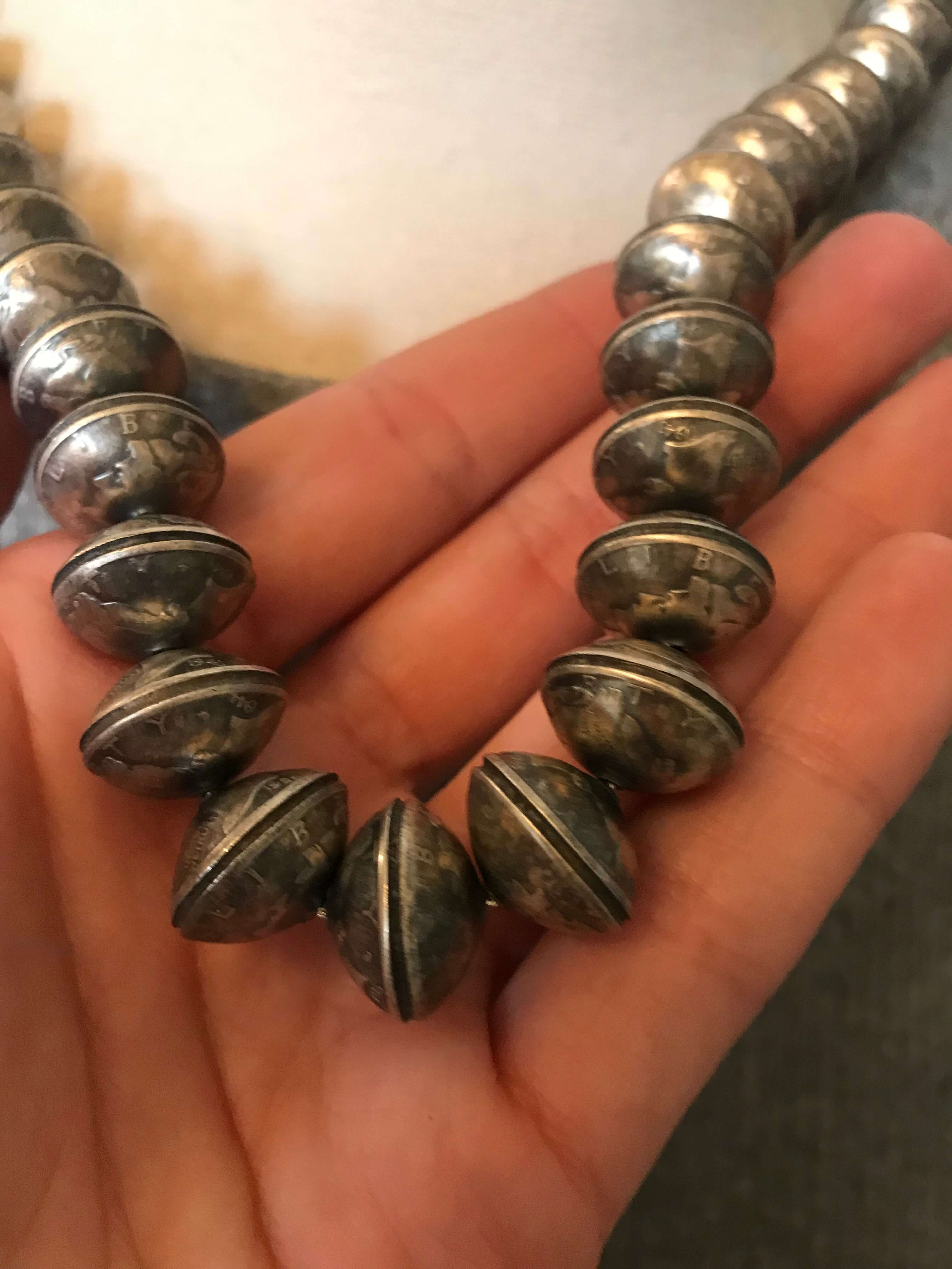 The Mercury Dime Pearl Necklace, 23"-Necklaces-Calli Co., Turquoise and Silver Jewelry, Native American Handmade, Zuni Tribe, Navajo Tribe, Brock Texas