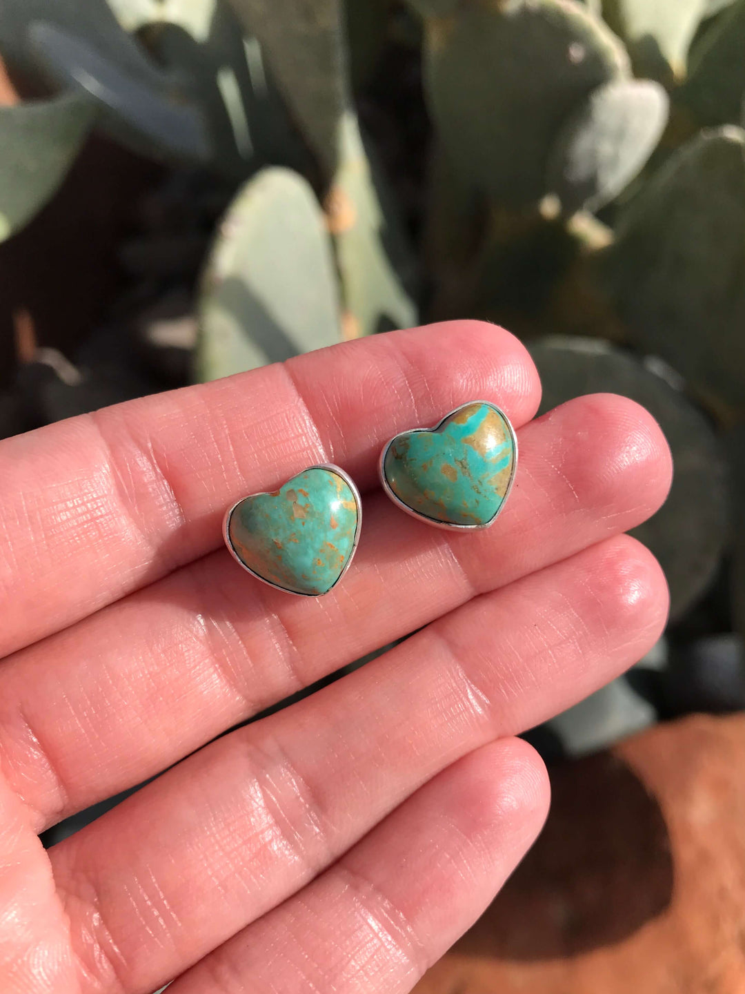 The Turquoise Heart Studs, 11-Earrings-Calli Co., Turquoise and Silver Jewelry, Native American Handmade, Zuni Tribe, Navajo Tribe, Brock Texas